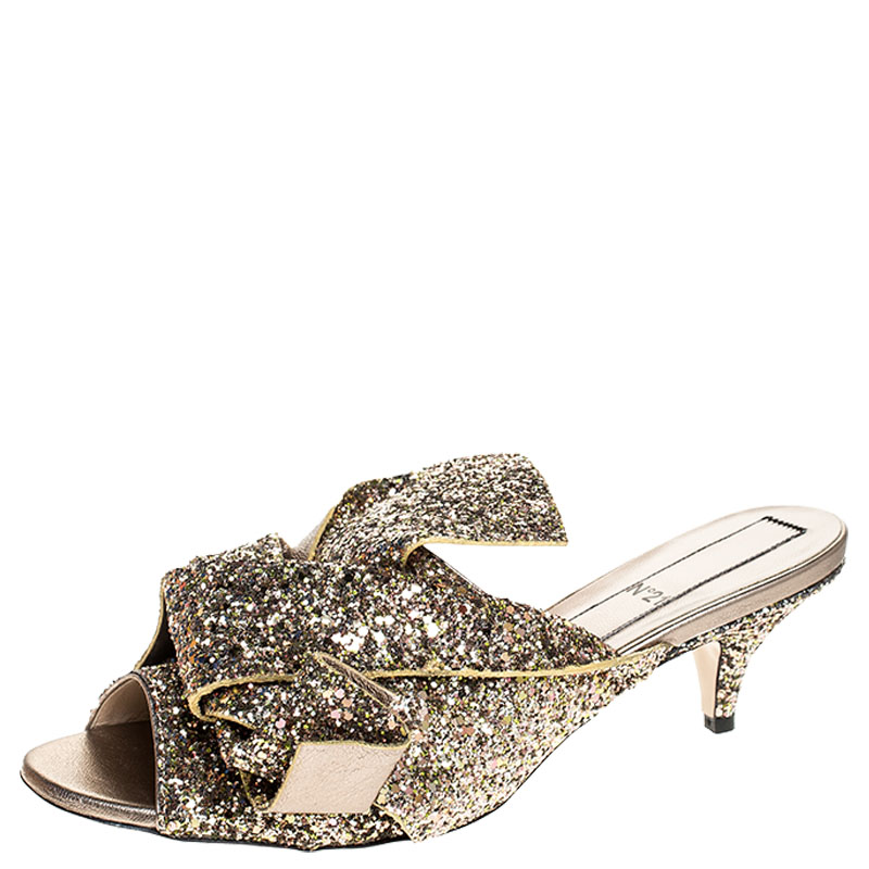 Image of N Gold Coarse Glitter Bow Open Toe Sandals Size .