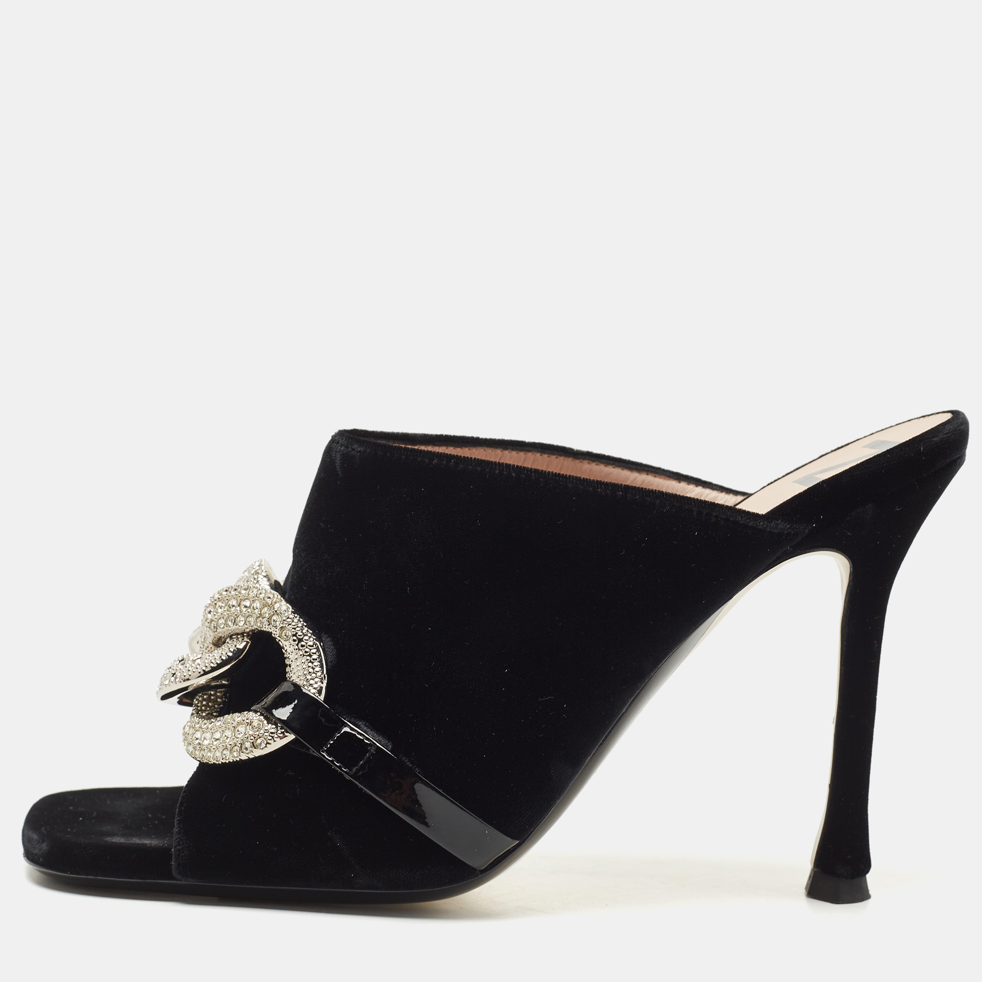 Nº21 Black Velvet And Patent Leather Crystal Embellished Mules Size  39