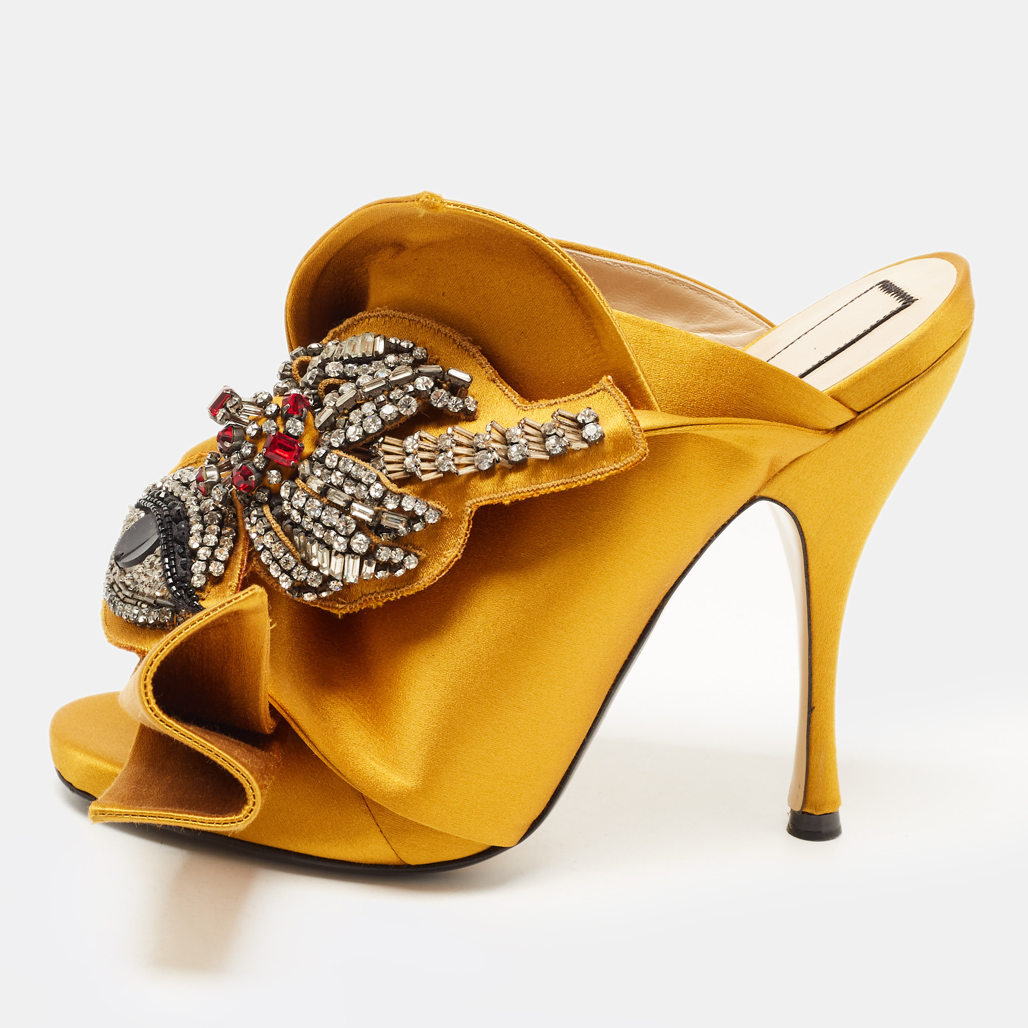 Nº21 Yellow Satin Crystal Knot Mules Size 38.5