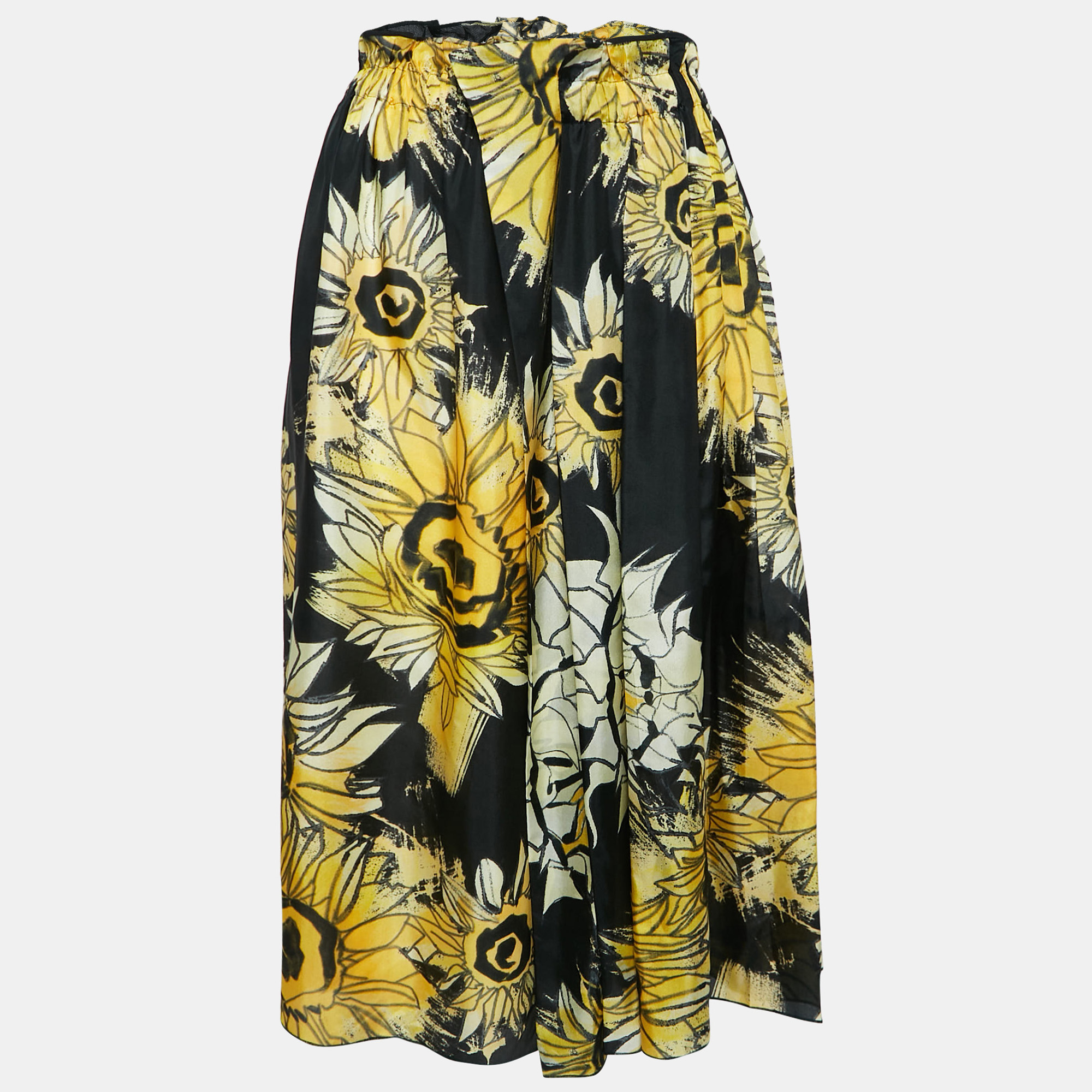 Nº21 Black Floral Print Silk Gathered Midi Skirt M