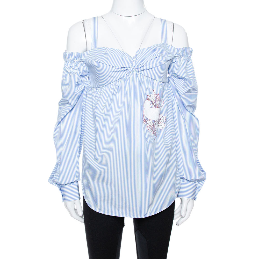 Image of N Light Blue Striped Cotton Embroidered Off Shoulder Top S