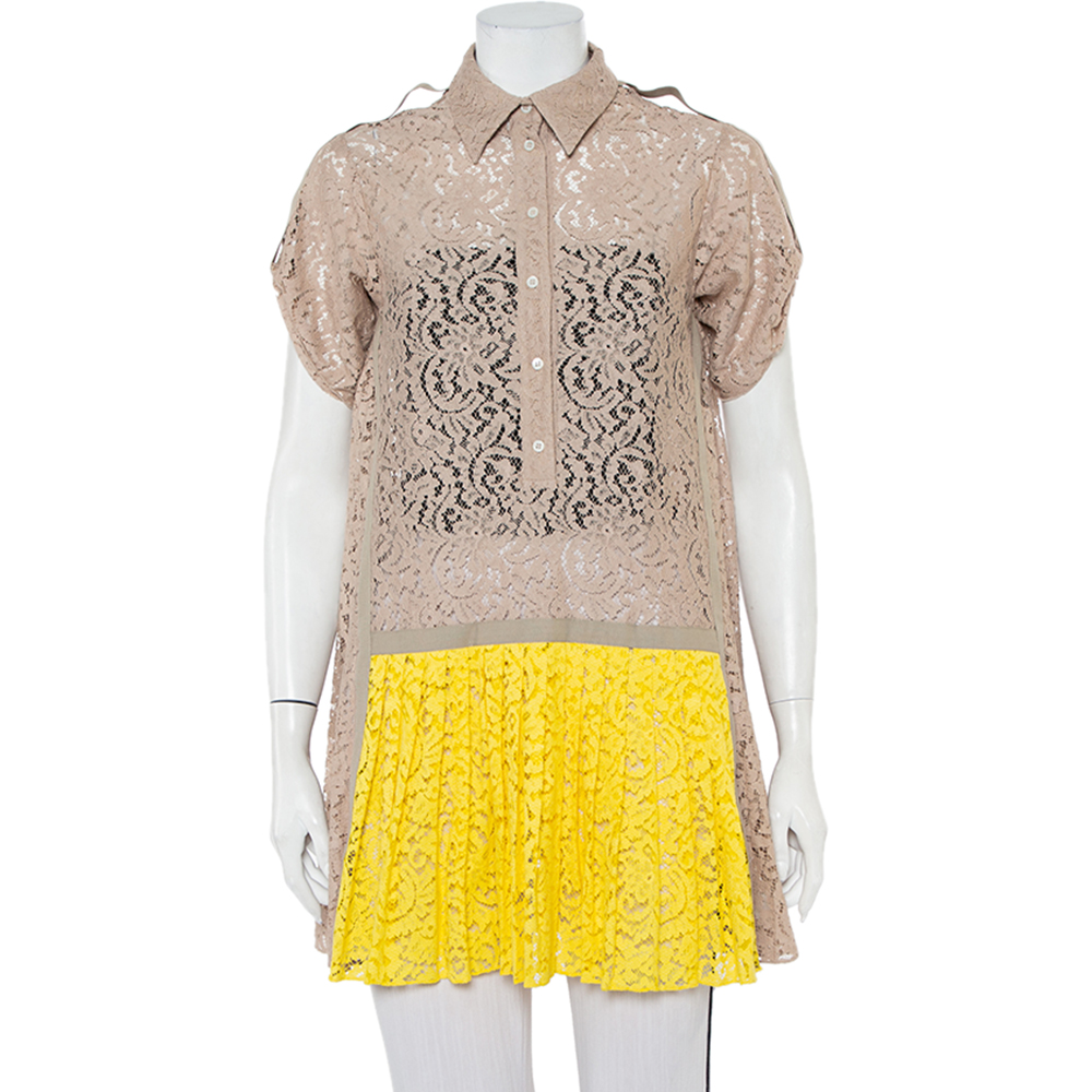 N21 Beige & Yellow Paneled Lace Pleated Detail Button Tunic S