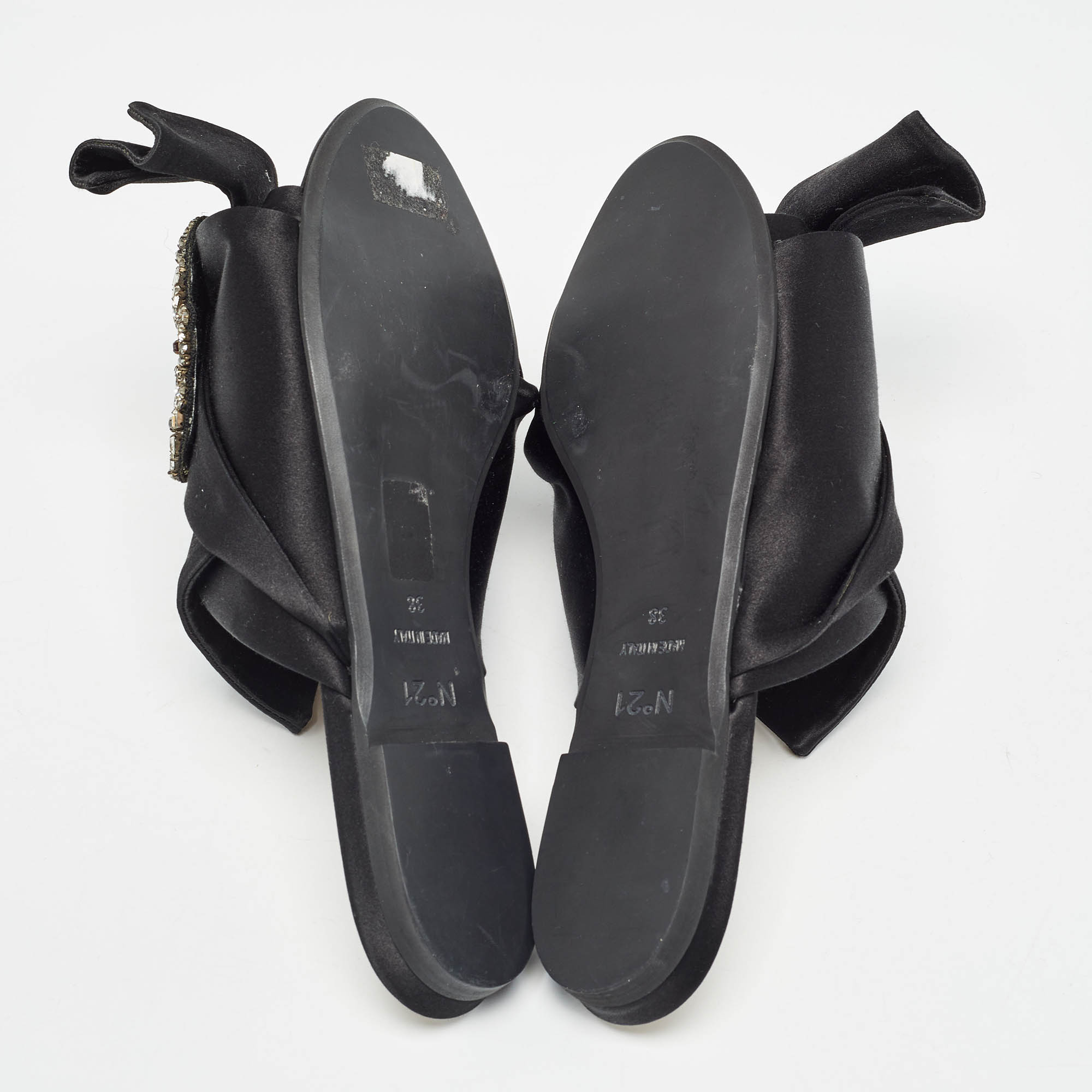 Nº21 Black Satin Knot Embellished Flat Slides Size 38