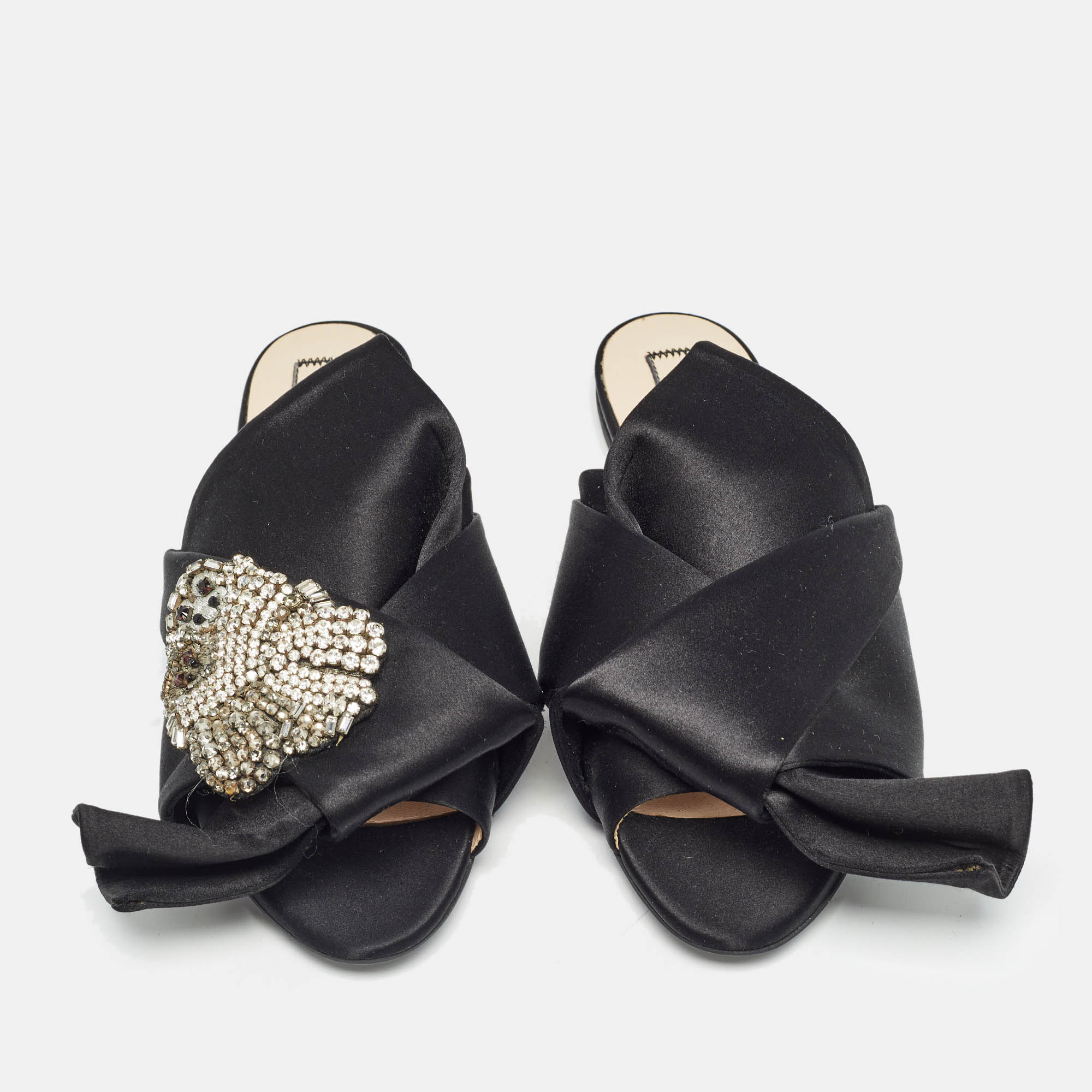 Nº21 Black Satin Knot Embellished Flat Slides Size 38