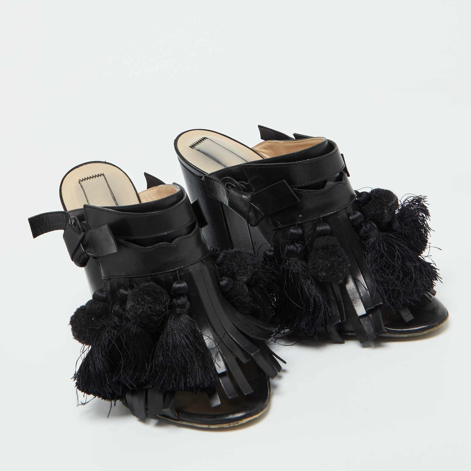 Nº21 Black Leather Tassel Fringe Block Heel Mules Size 40