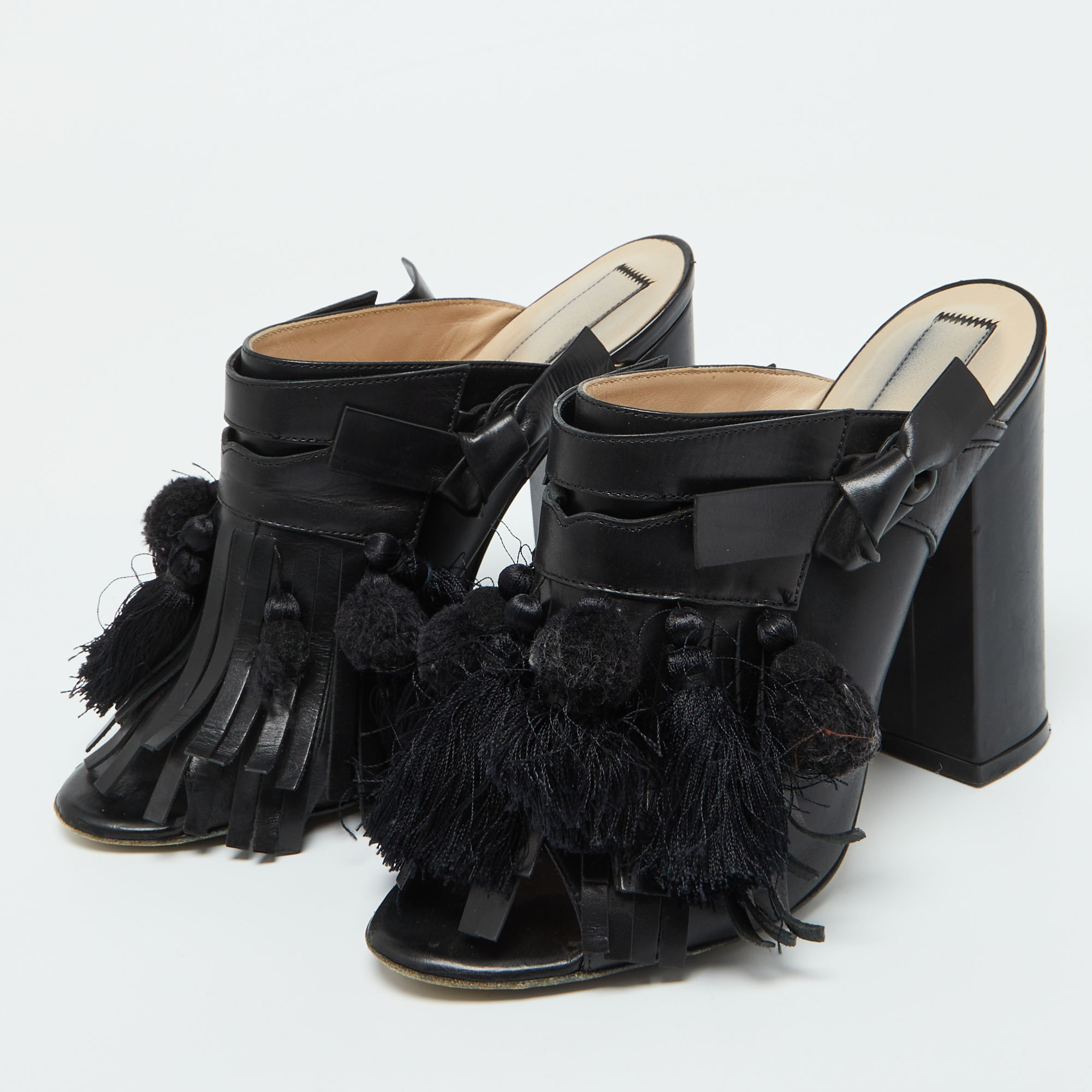 Nº21 Black Leather Tassel Fringe Block Heel Mules Size 40