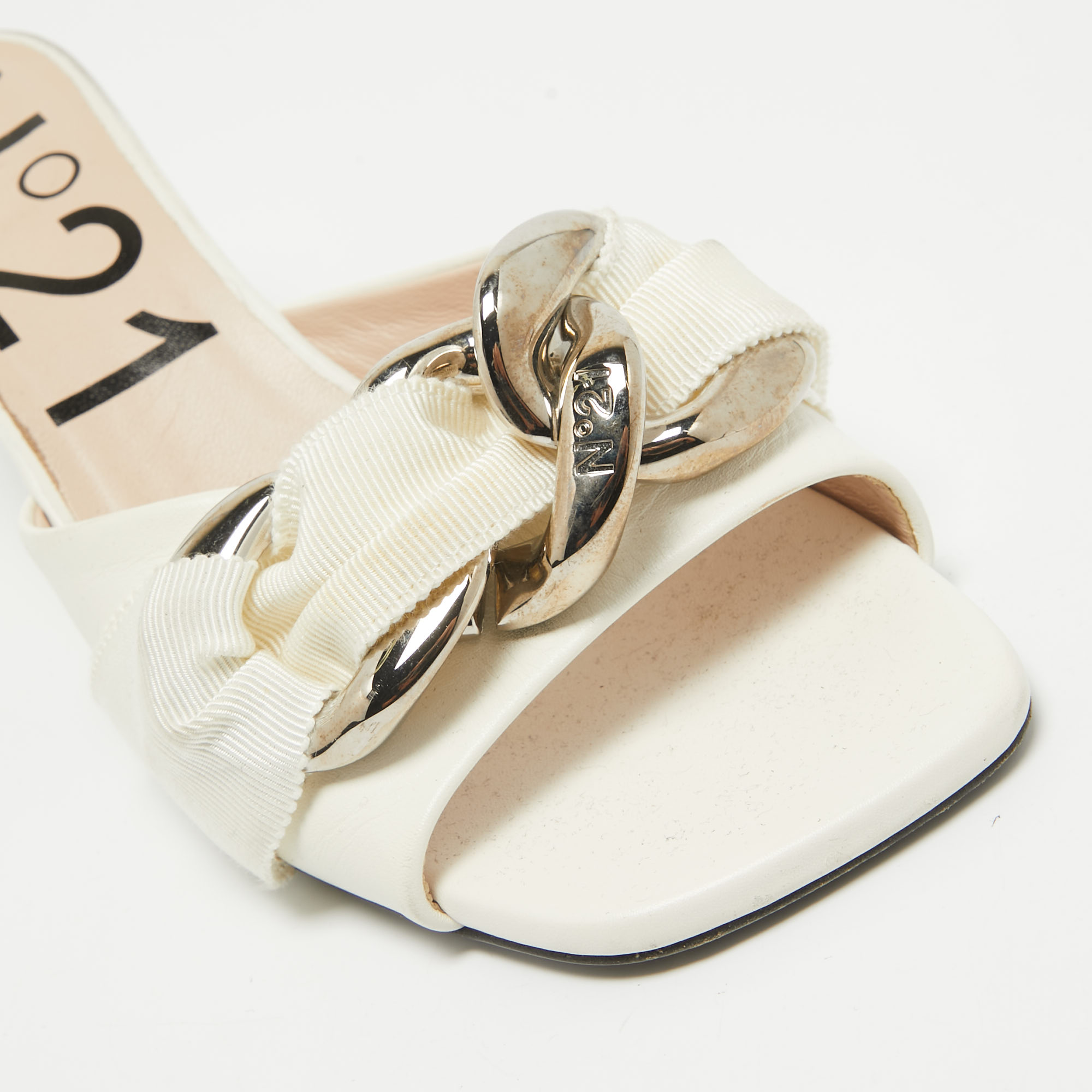 N21 White Leather Chain Slide Sandals Size 37