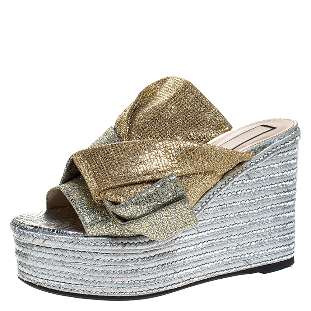 Image of N Silver/Gold Glitter Fabric Raso Knot Espadrille Platform Wedge Sandals Size
