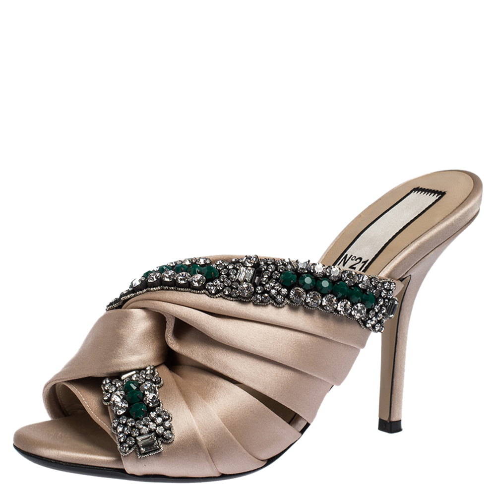 Image of N Beige Satin Embellished Cipria Mule Sandals Size