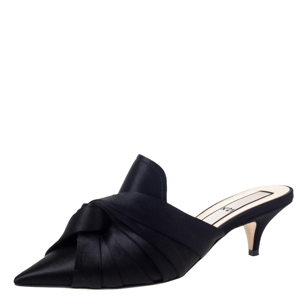 Image of N Black Satin Knot Pointed Toe Heel Slippers Size