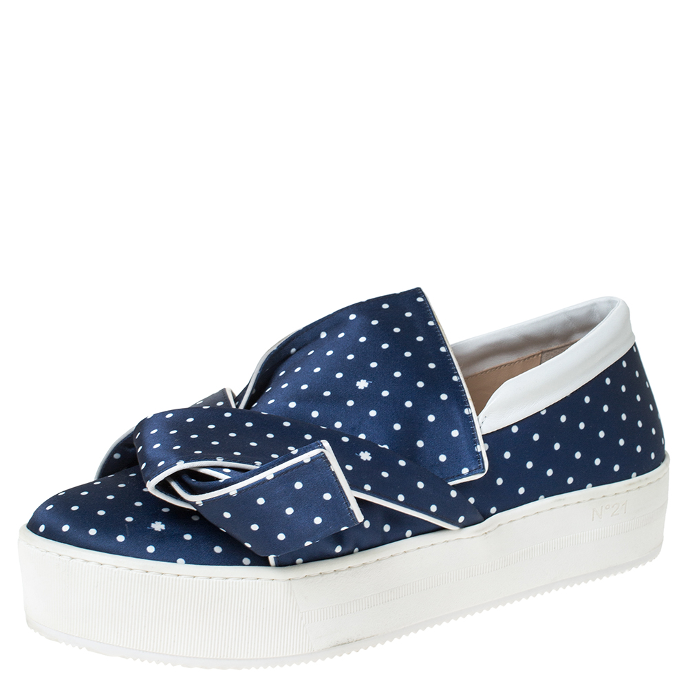 Image of N Blue Polka Dot Satin Knotted Slip on Sneakers Size .