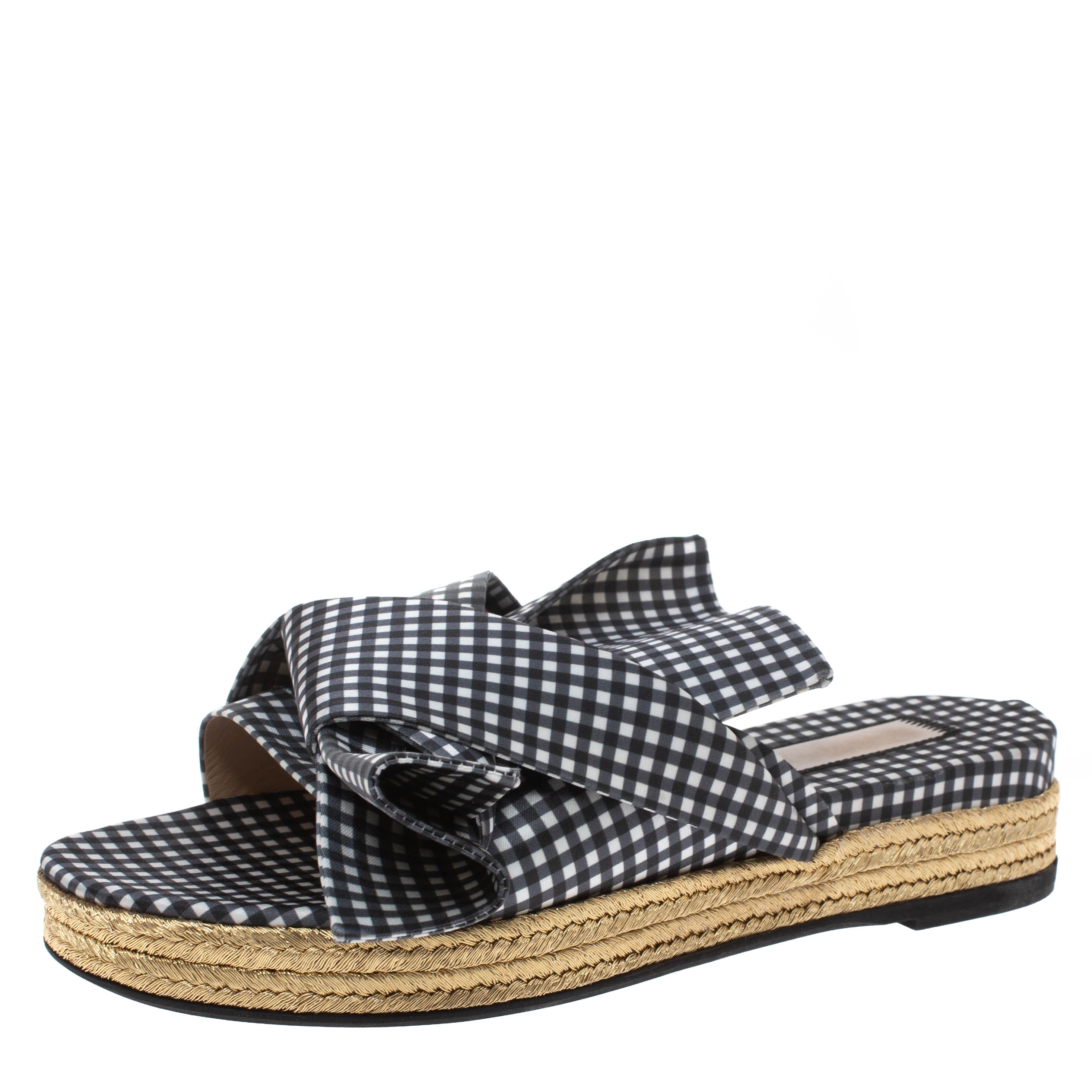 Image of N Black White/Black Checkered Satin Gingham Flat Slide Sandals Size .