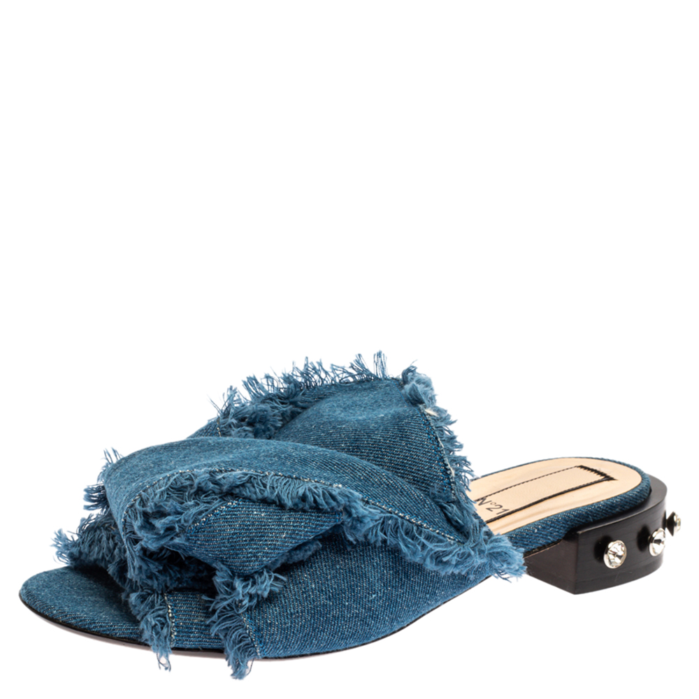 Image of N Blue Denim Crystal Embellished Knotted Flat Sandals Size