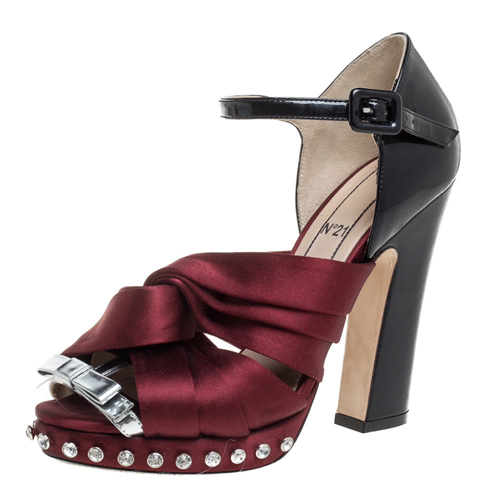 Image of N Burgundy/Black Satin And Patent Leather Crystal Embellished Pleated Bow Ankle Strap Sandals Size