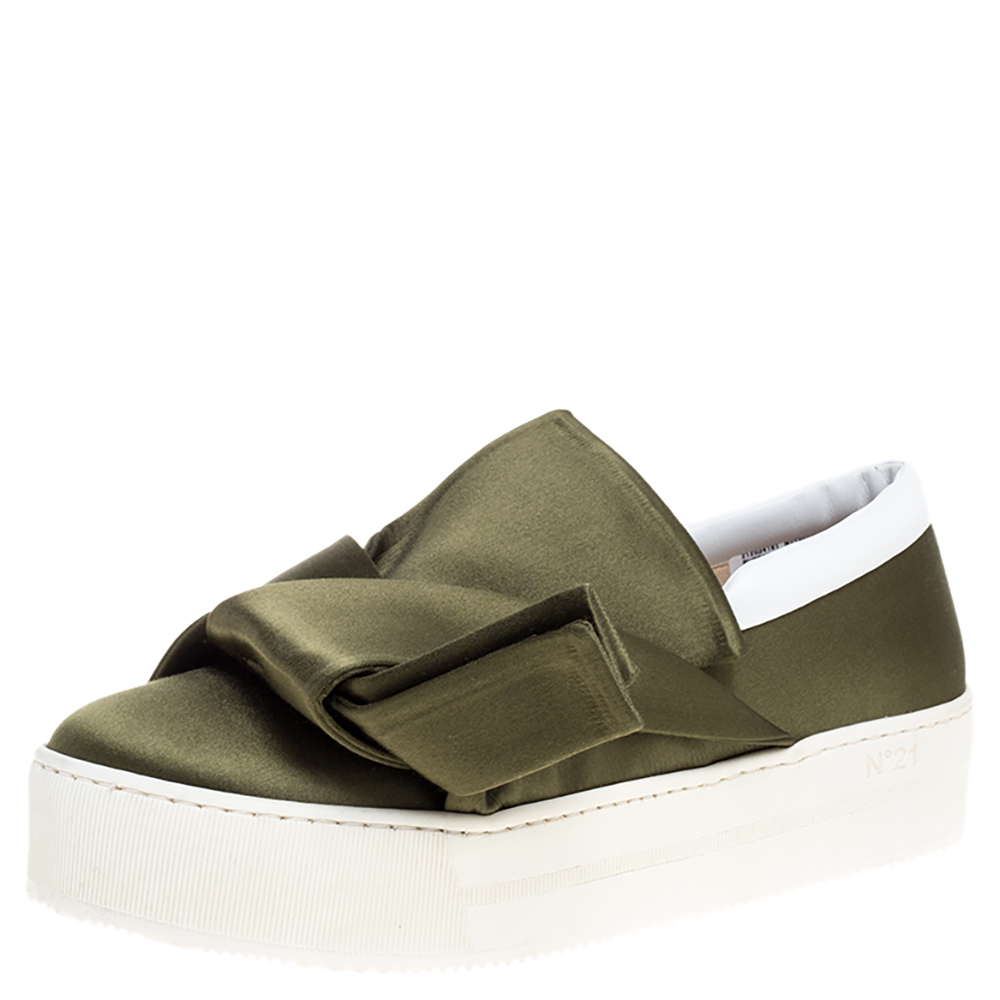 Image of N Green Satin Knotted Slip on Sneakers Size