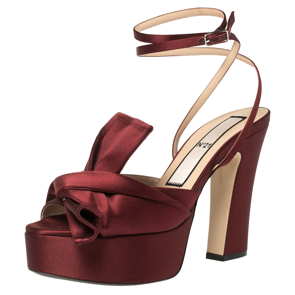 Image of N Burgundy Satin Knotted Bow Peep Toe Ankle Wrap Sandals Size