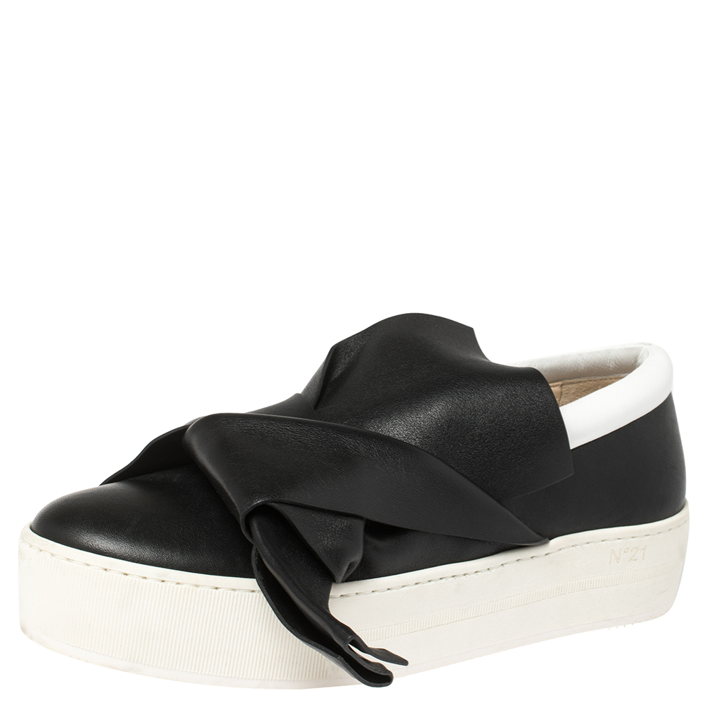 Image of N Black/White Leather Knotted Bow Slip On Sneakers Size .
