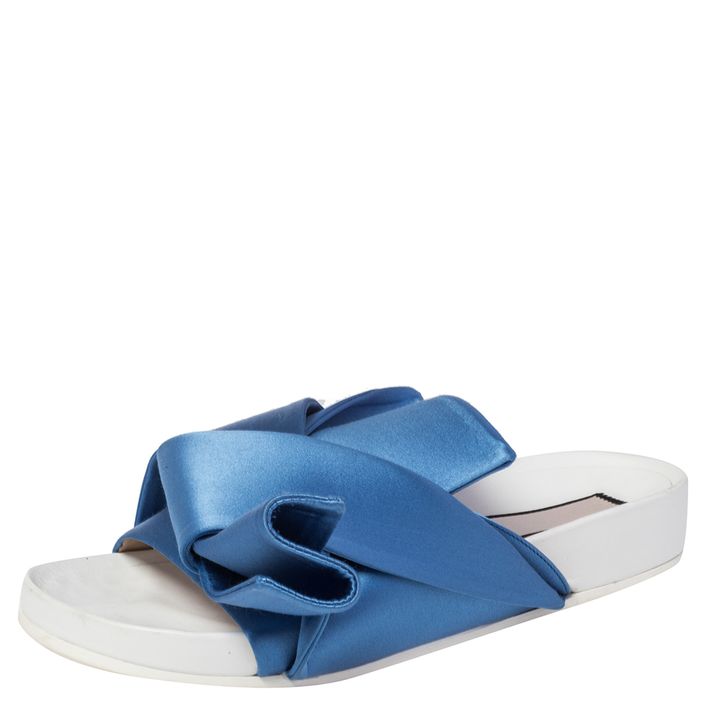 N21 Blue Satin Knot Flat Slides Size 36