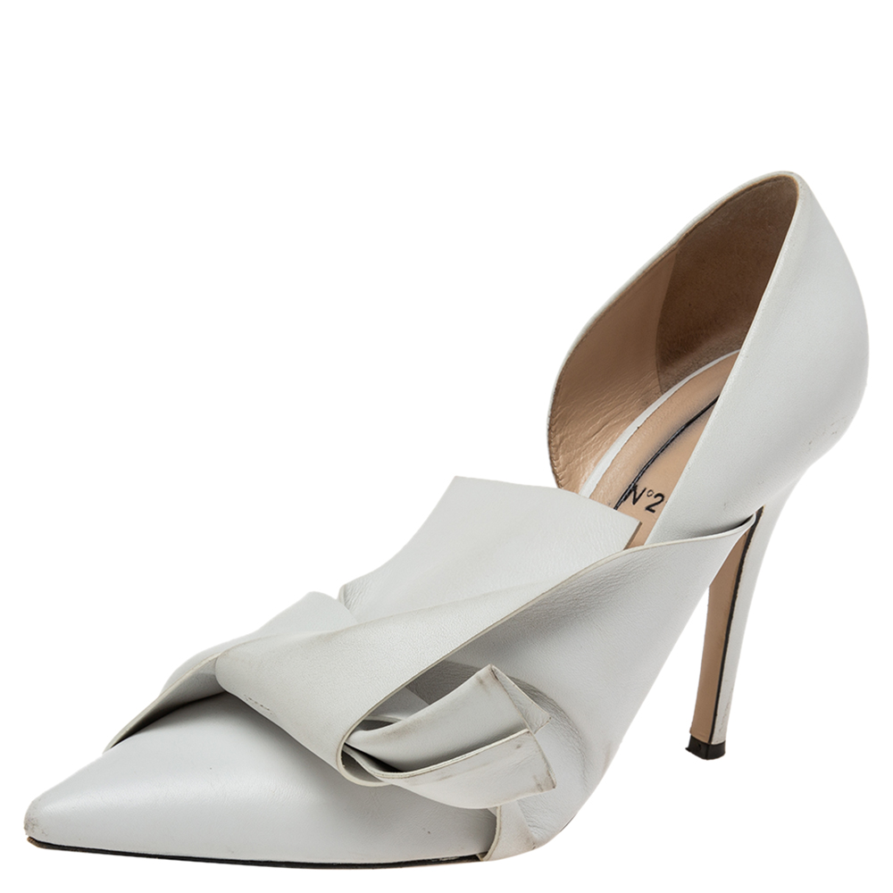 N°21 White  Leather Tundra Knotted Pointed Toe D'orsay Pumps Size 40