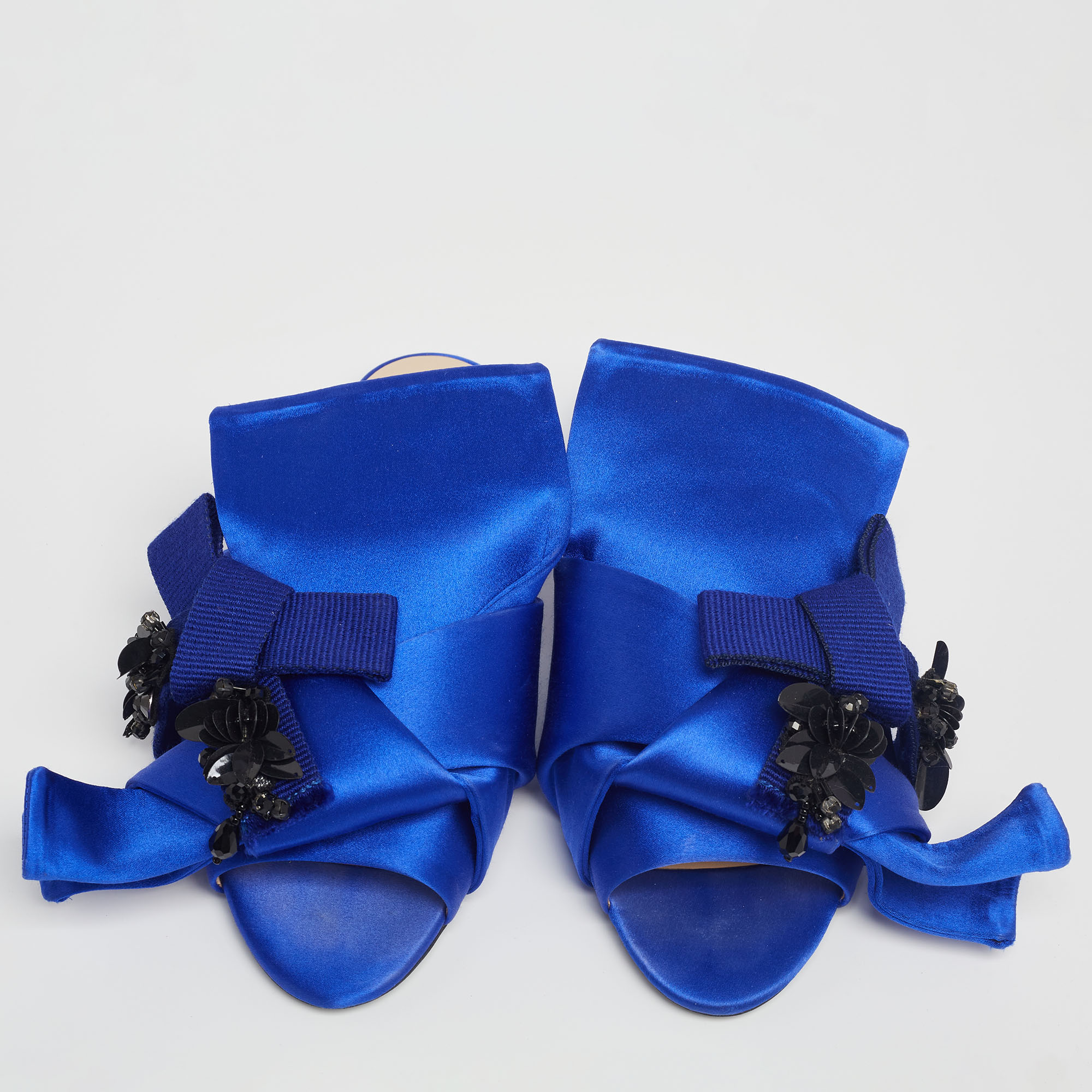 Nº21 Royal Blue Satin Embellished Knot Flat Mules Size 36.5