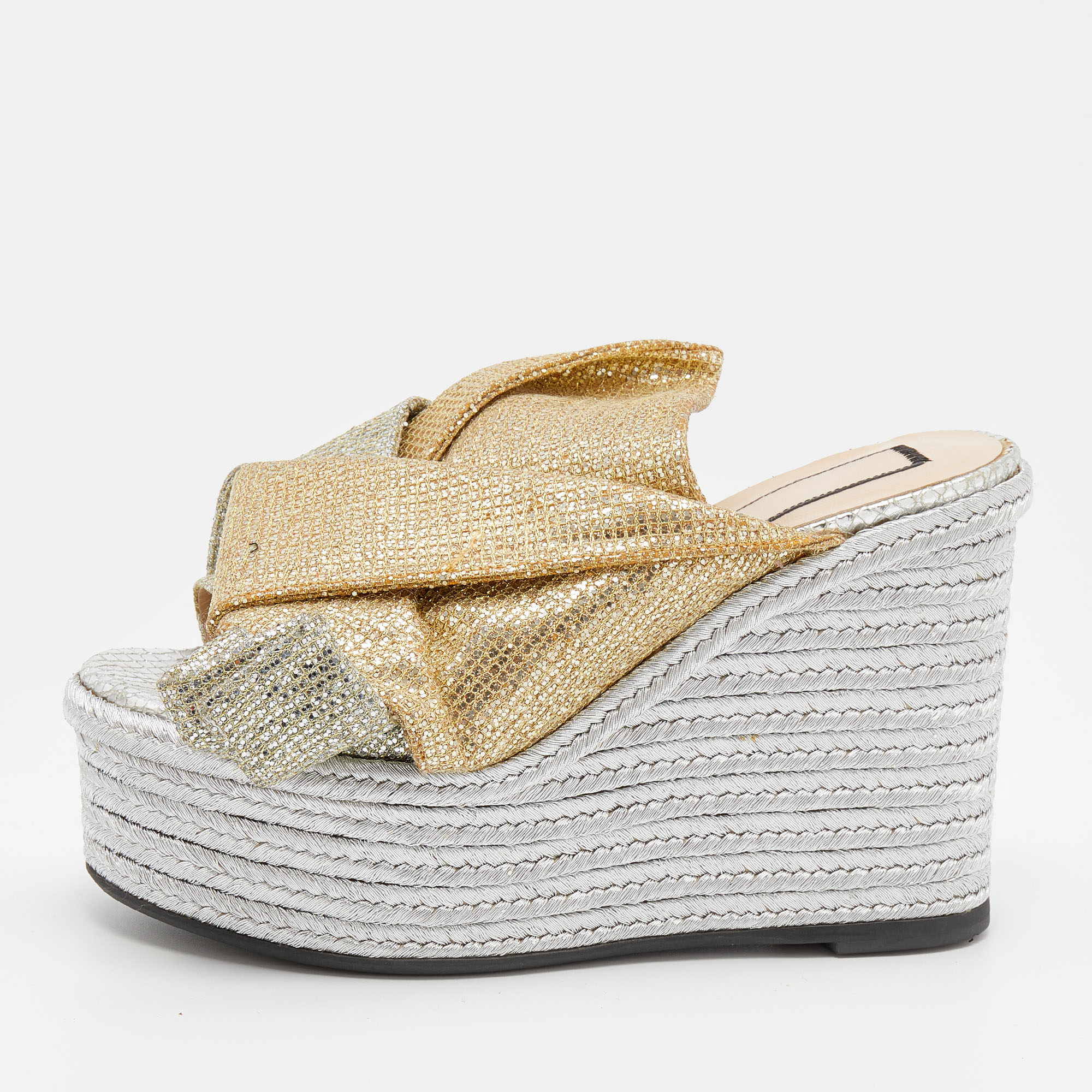 N21 Silver/Gold Glitter Fabric Raso Knot Espadrille Platform Wedge Sandals Size 35.5