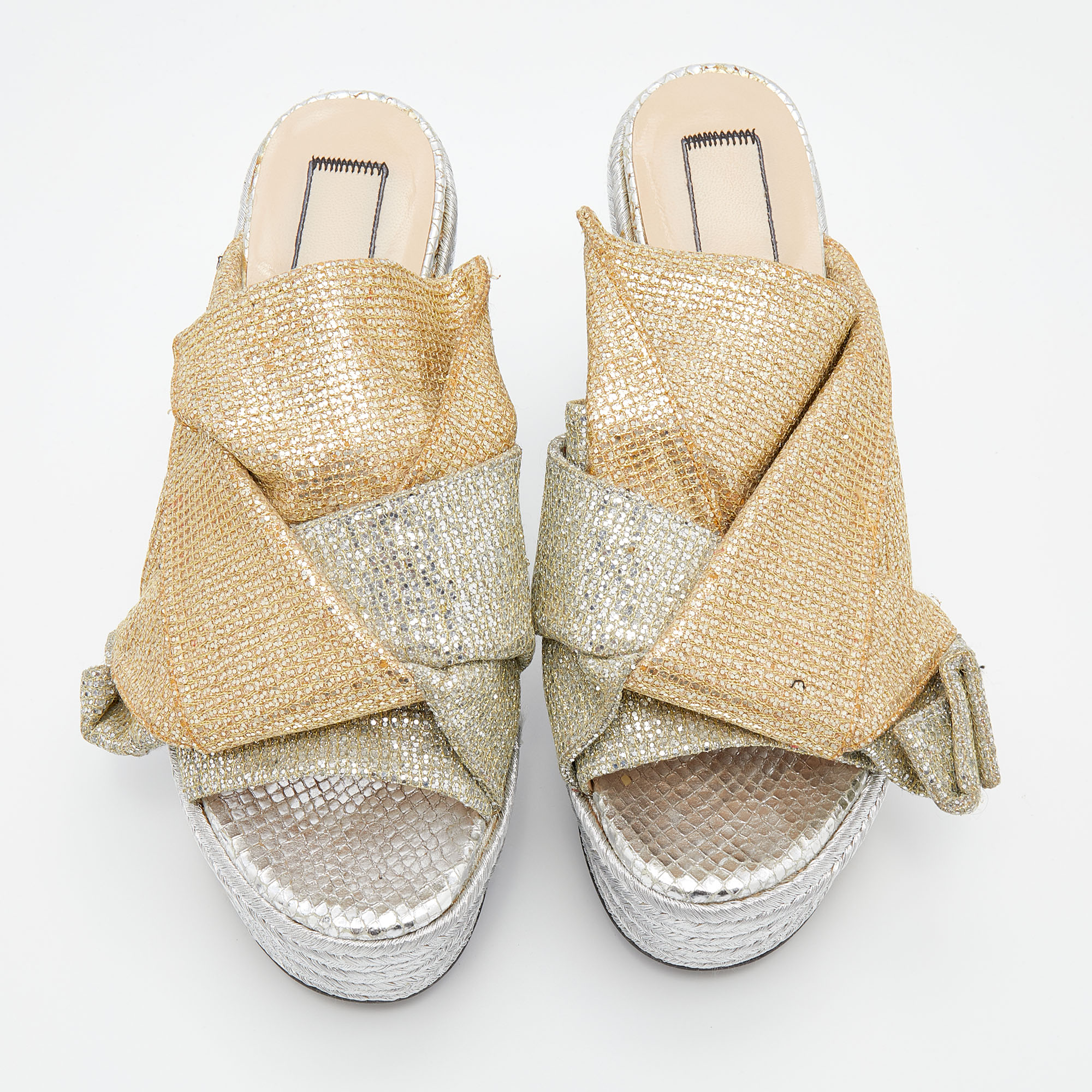 N21 Silver/Gold Glitter Fabric Raso Knot Espadrille Platform Wedge Sandals Size 35.5