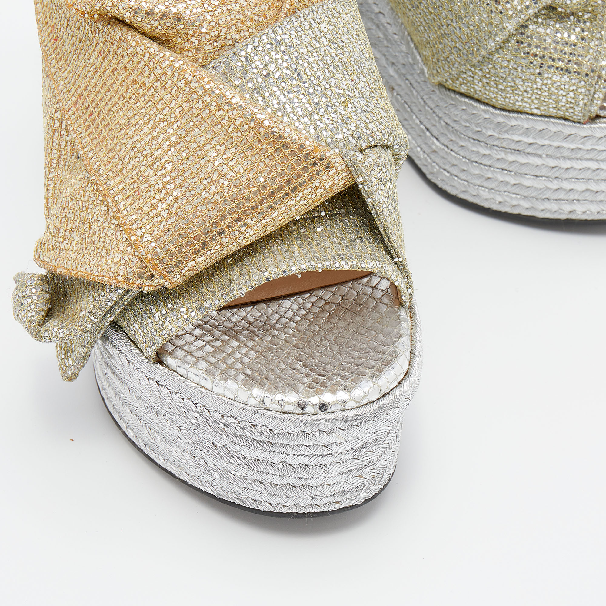 N21 Silver/Gold Glitter Fabric Raso Knot Espadrille Platform Wedge Sandals Size 35.5