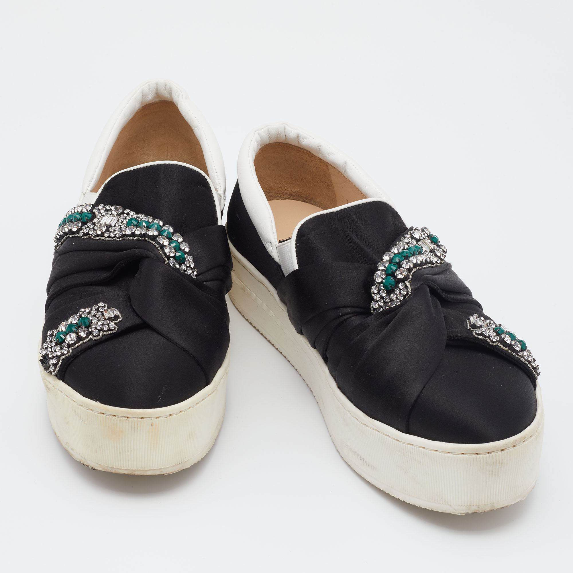 N21 Black/White Satin And Leather Crystal Embellished Platform Slip On Sneakers Size 37