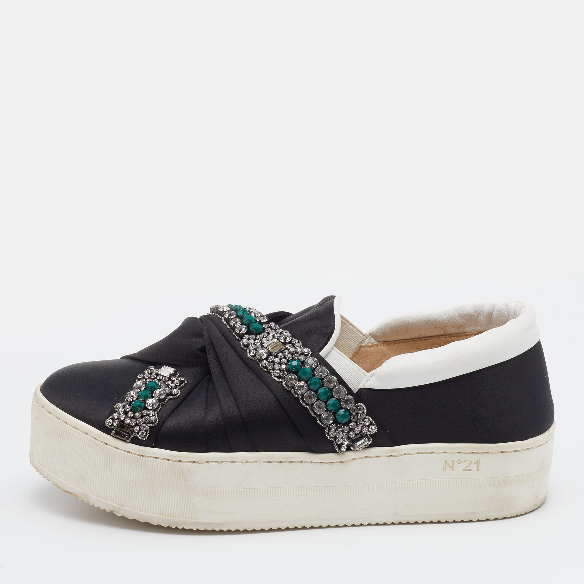 N21 black/white satin and leather crystal embellished platform slip on sneakers size 37