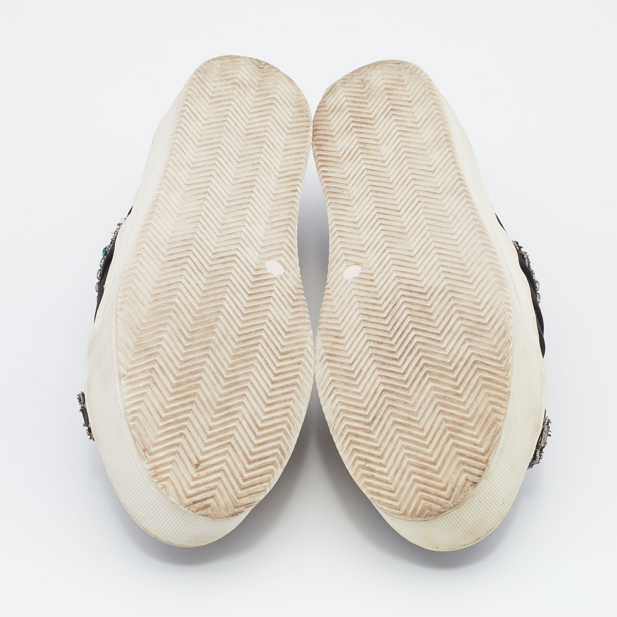 N21 Black/White Satin And Leather Crystal Embellished Platform Slip On Sneakers Size 37