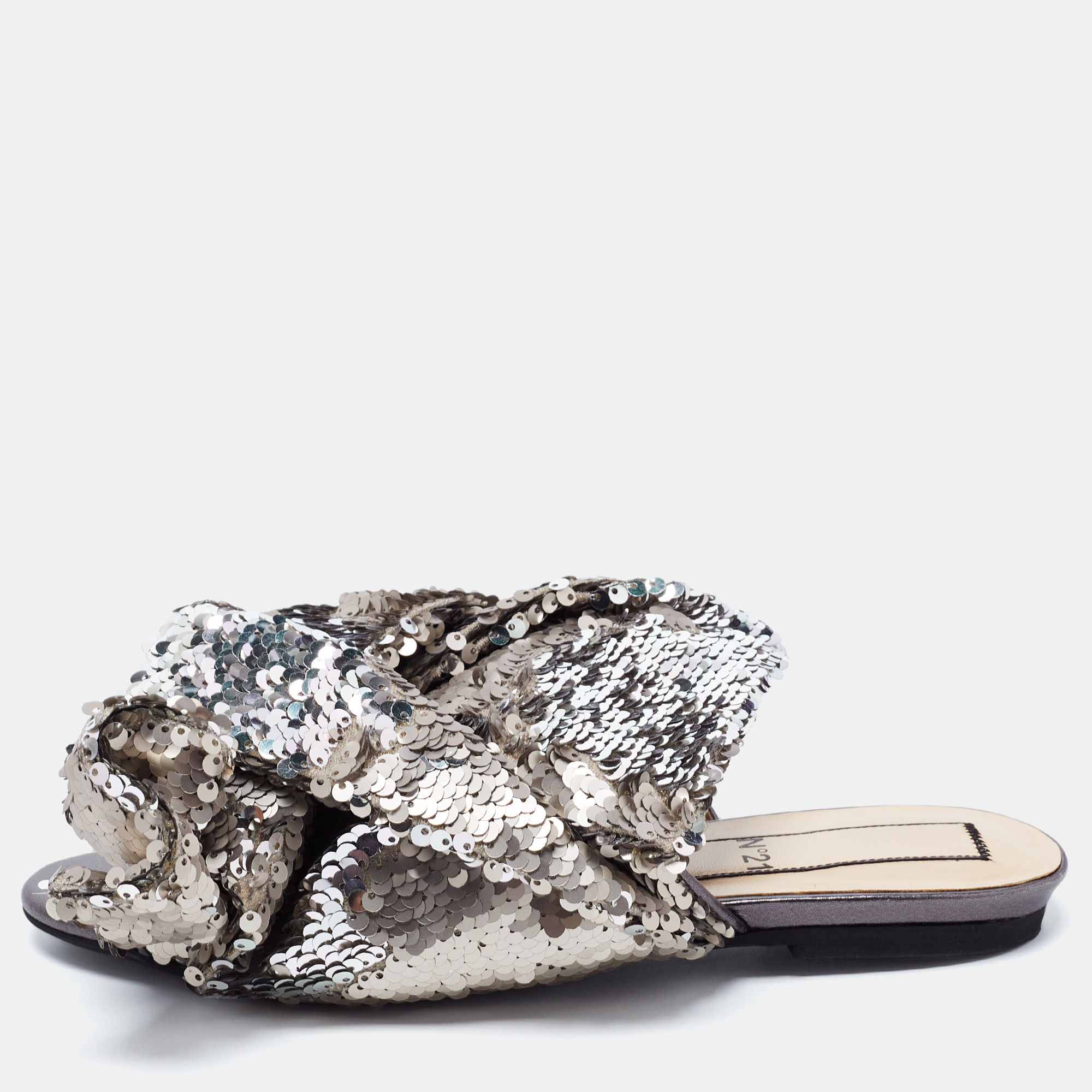 N21 Silver Sequins Knotted Flat Slides Size 37