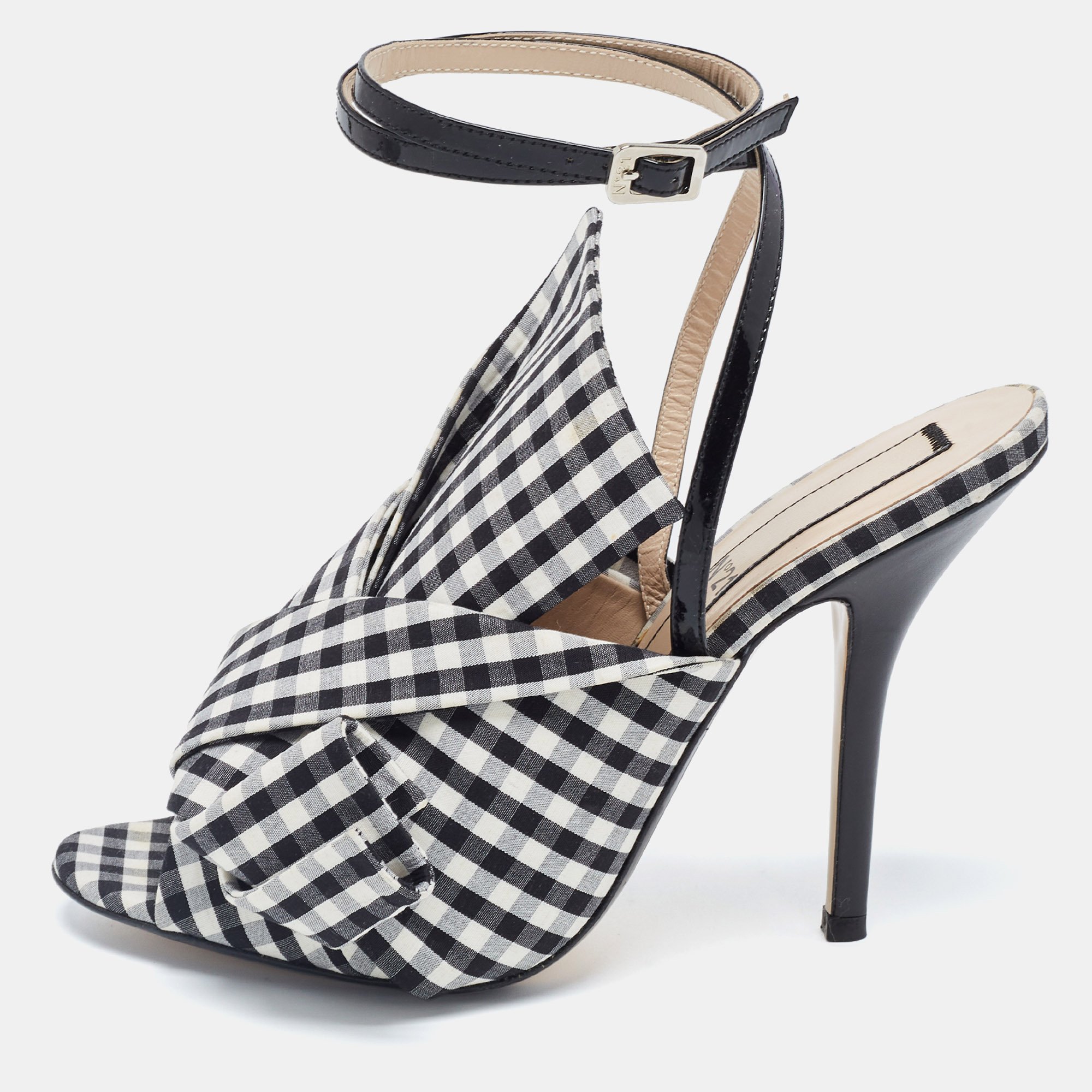 N21 black/white fabric gingham ankle wrap peep toe sandals size 38.5