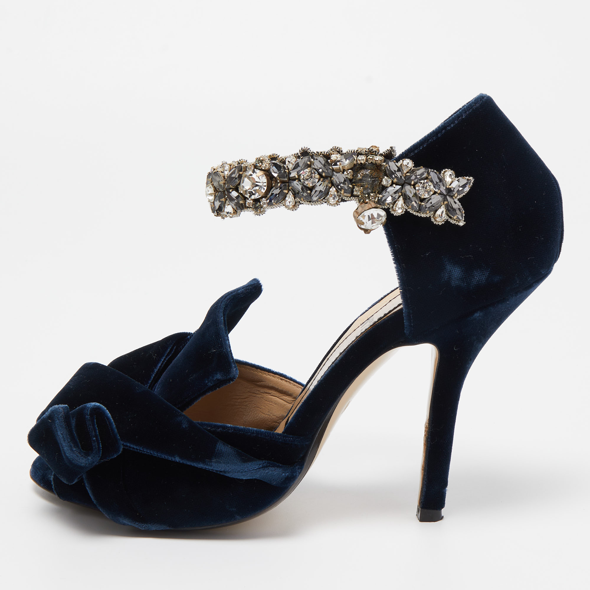 N21 n&deg;21 navy blue velvet crystal embellished ankle strap sandals size 36