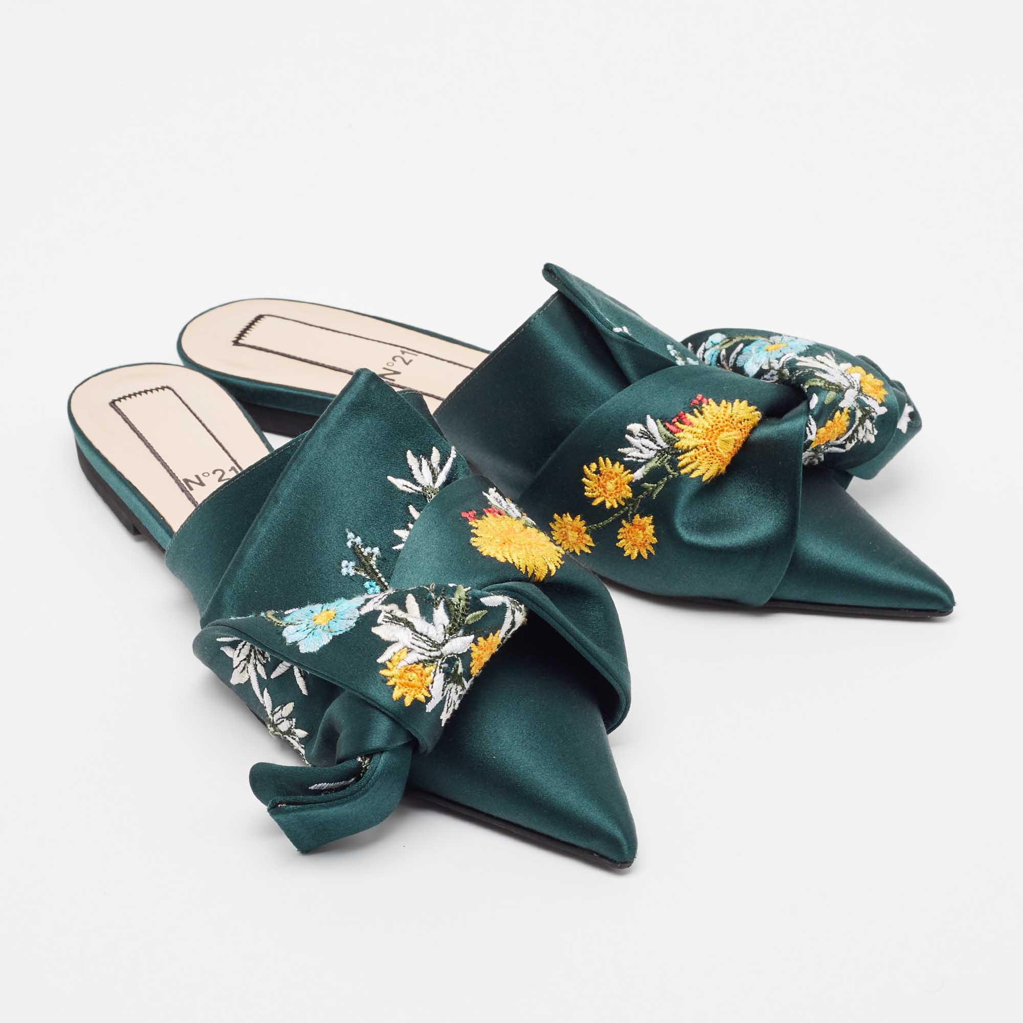 N21 Green Satin Floral Embroidered Knot Flat Slides Size 36