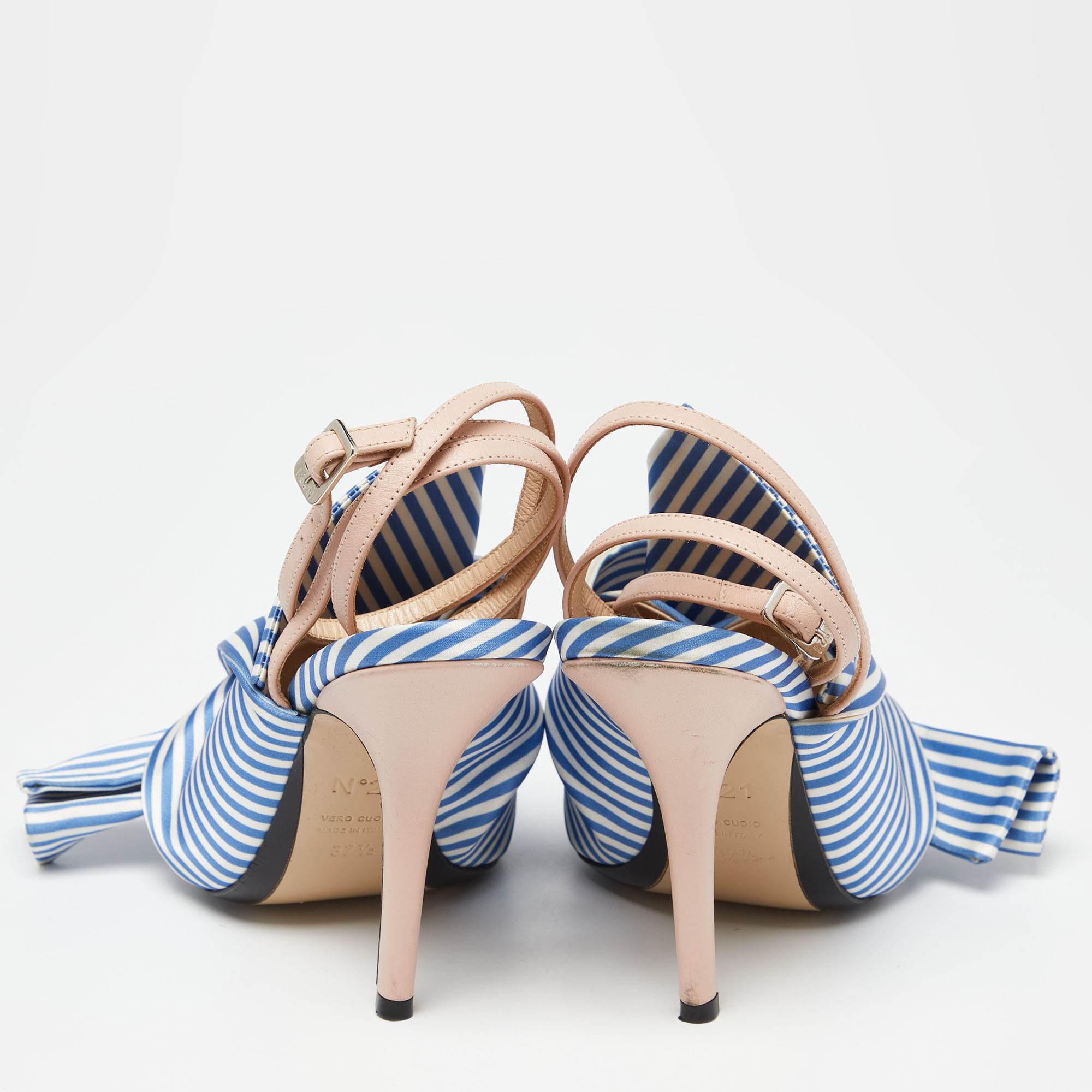 N21 Tricolor Striped Satin And Leather Knotted Ankle Strap Sandals Size 37.5