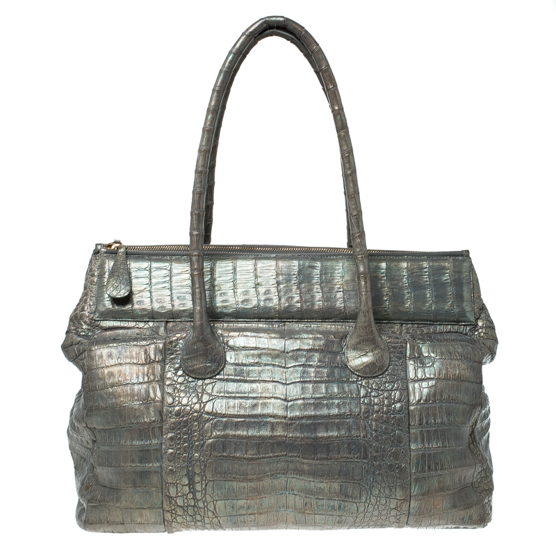 Image of Nancy Gonzalez Grey/Holographic Effect Crocodile Satchel