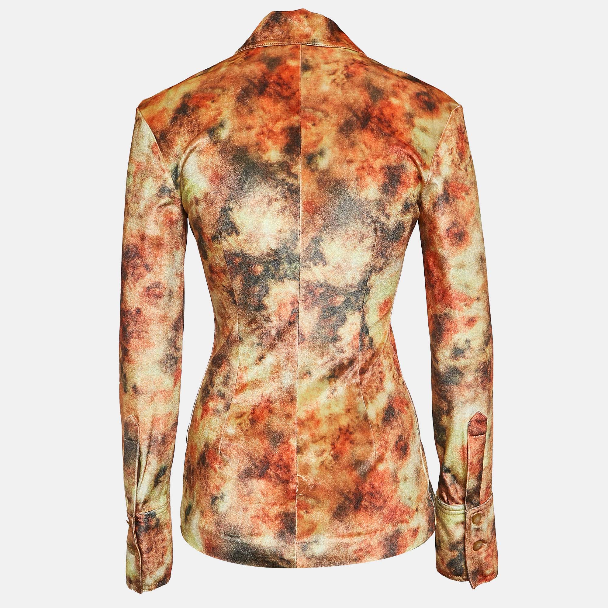 Nanushka Orange Hazy Floral Print Stretch Velvet Shirt XS