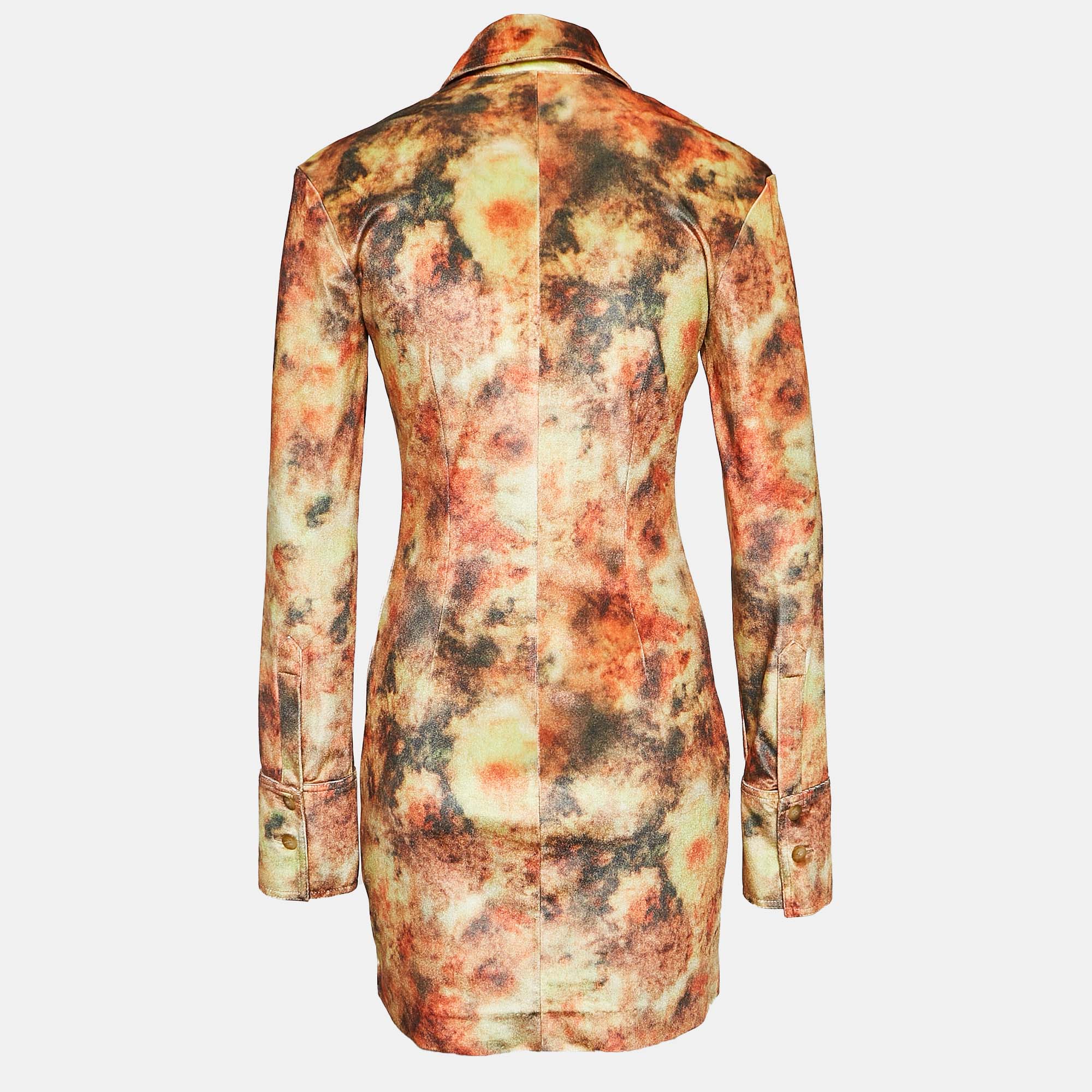 Nanushka Orange Hazy Floral Print Stretch Velvet Mini Shirt Dress S