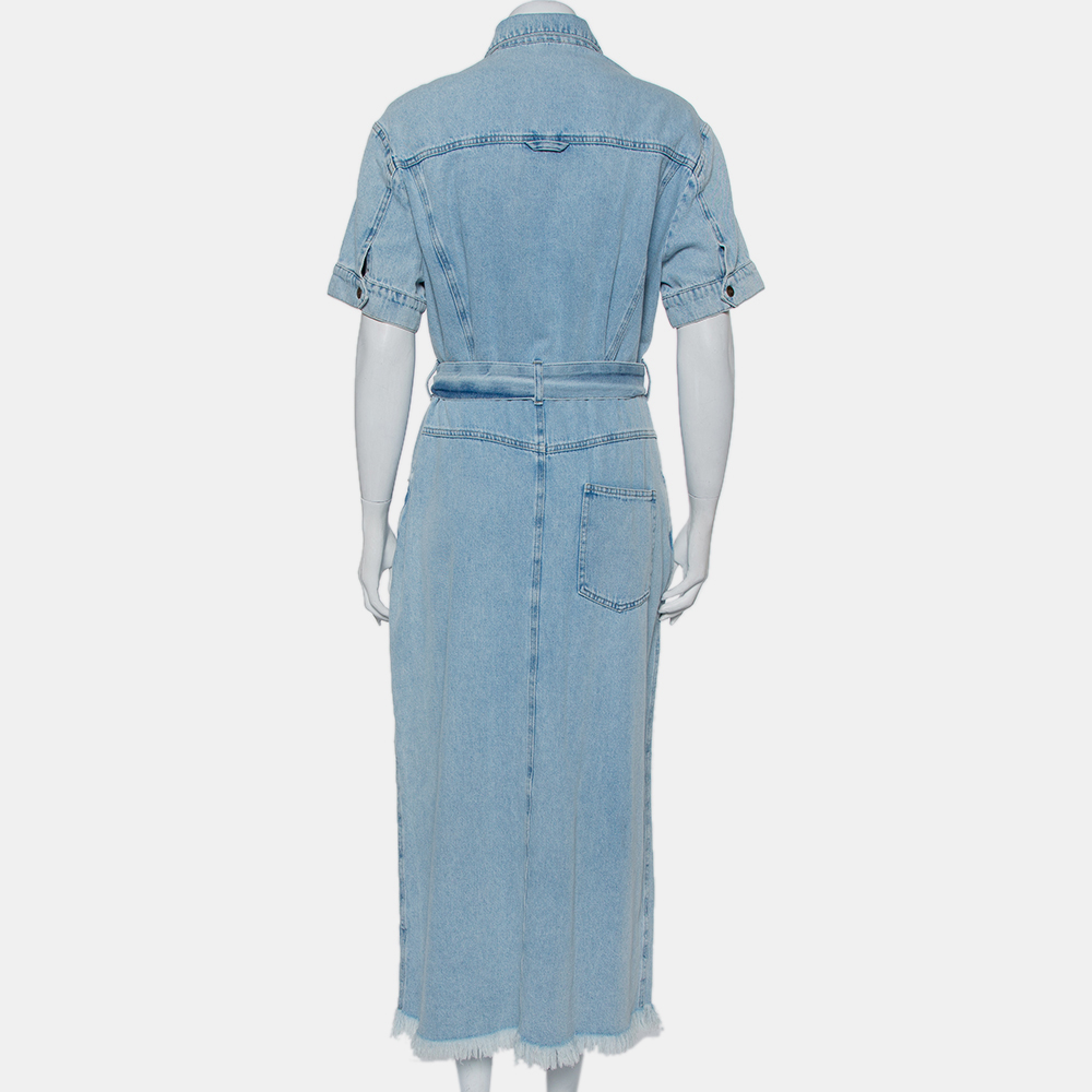 Nanushka Blue Light Wash Denim Frayed Hem Belted Goji Dress L