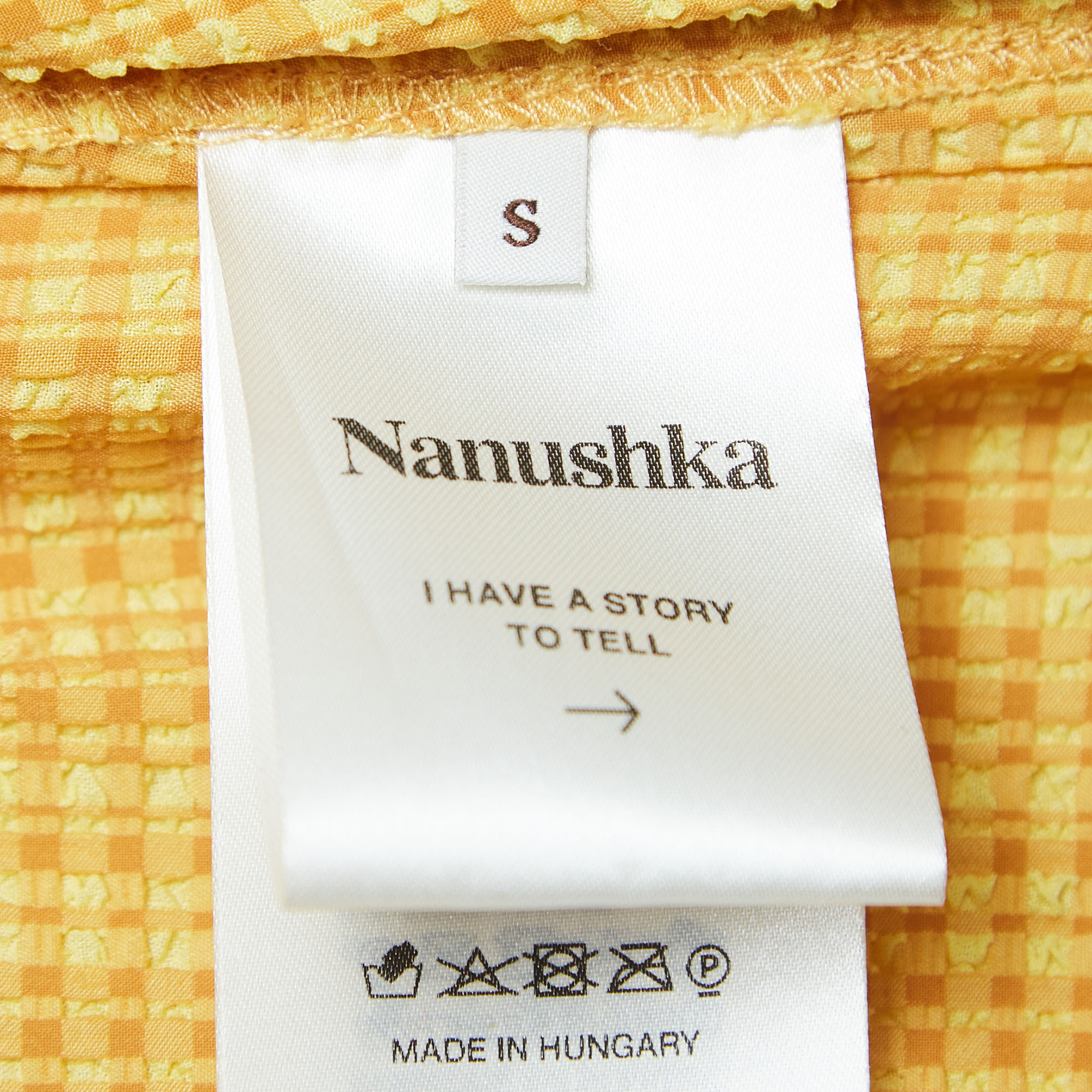 Nanushka Yellow Printed Crinkled Stretch Crepe Ruched Dress S