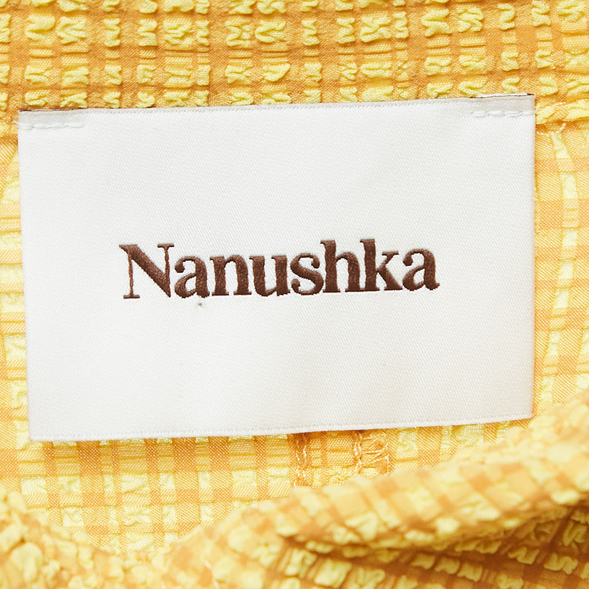 Nanushka Yellow Printed Crinkled Stretch Crepe Ruched Dress S