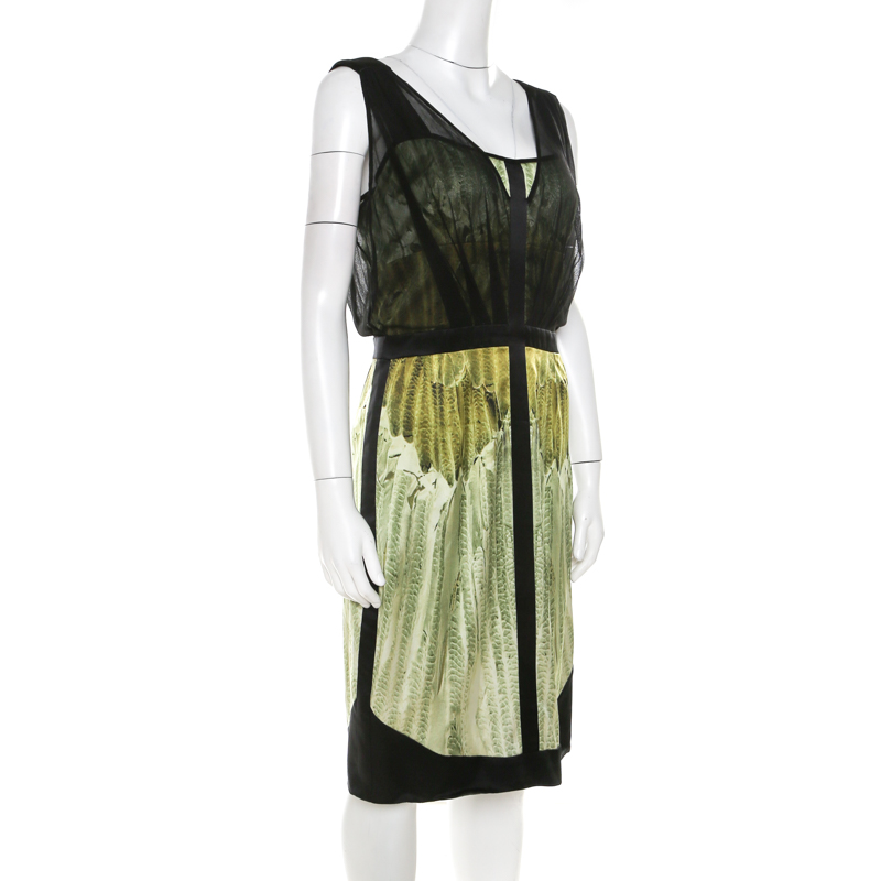 Narciso Rodriguez Green Satin and Black Mesh Overlay Sleeveless Dress M