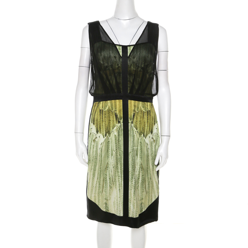 Narciso rodriguez green satin and black mesh overlay sleeveless dress m