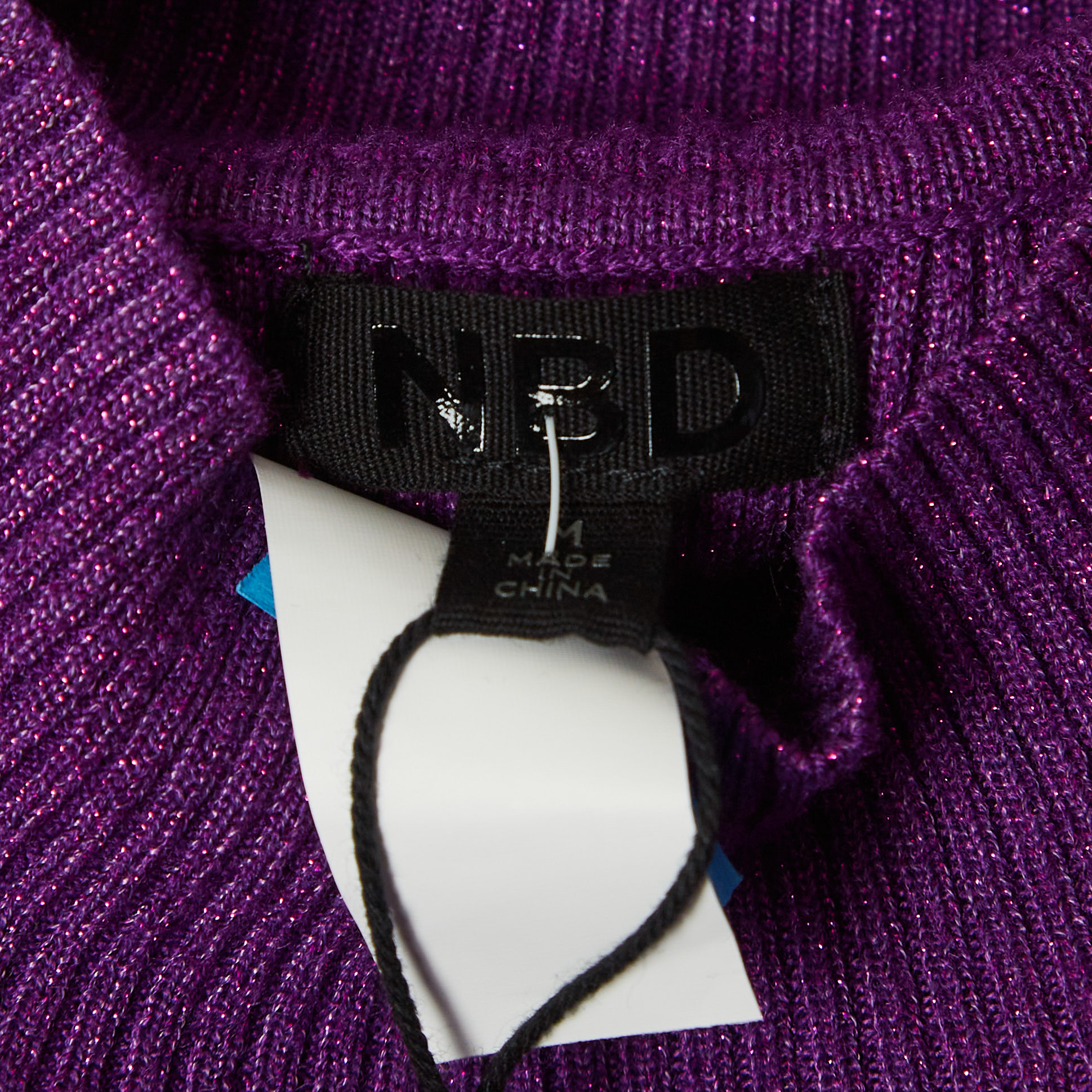 NBD Purple Lurex Rib Knit High Neck Pullover M