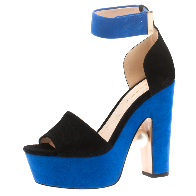 Image of Nicholas Kirkwood Black/Blue Suede Maya Pearl Platform Ankle Strap Sandals Size