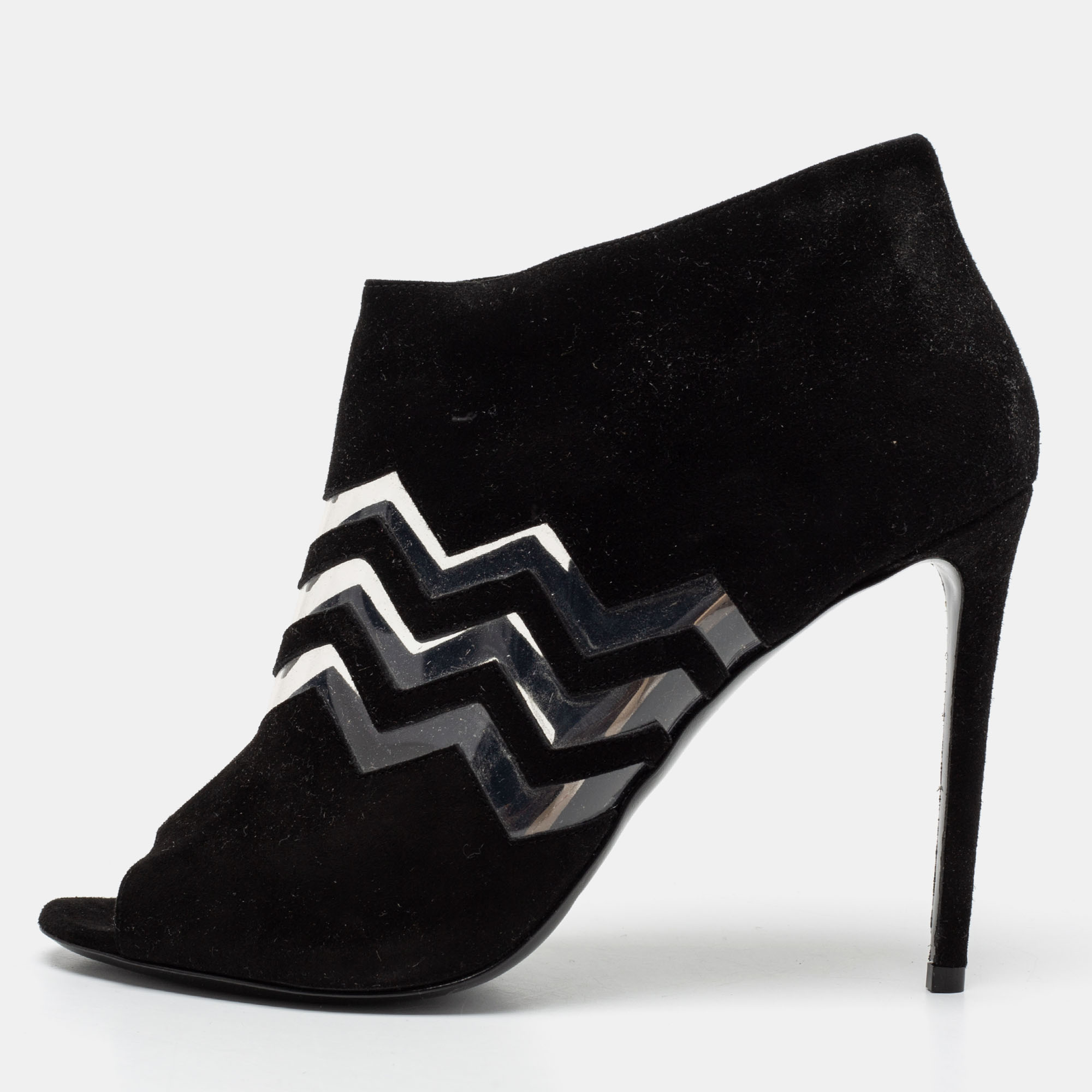 

Nicholas Kirkwood Black Suede And PVC Chevron Peep Toe Ankle Booties Size