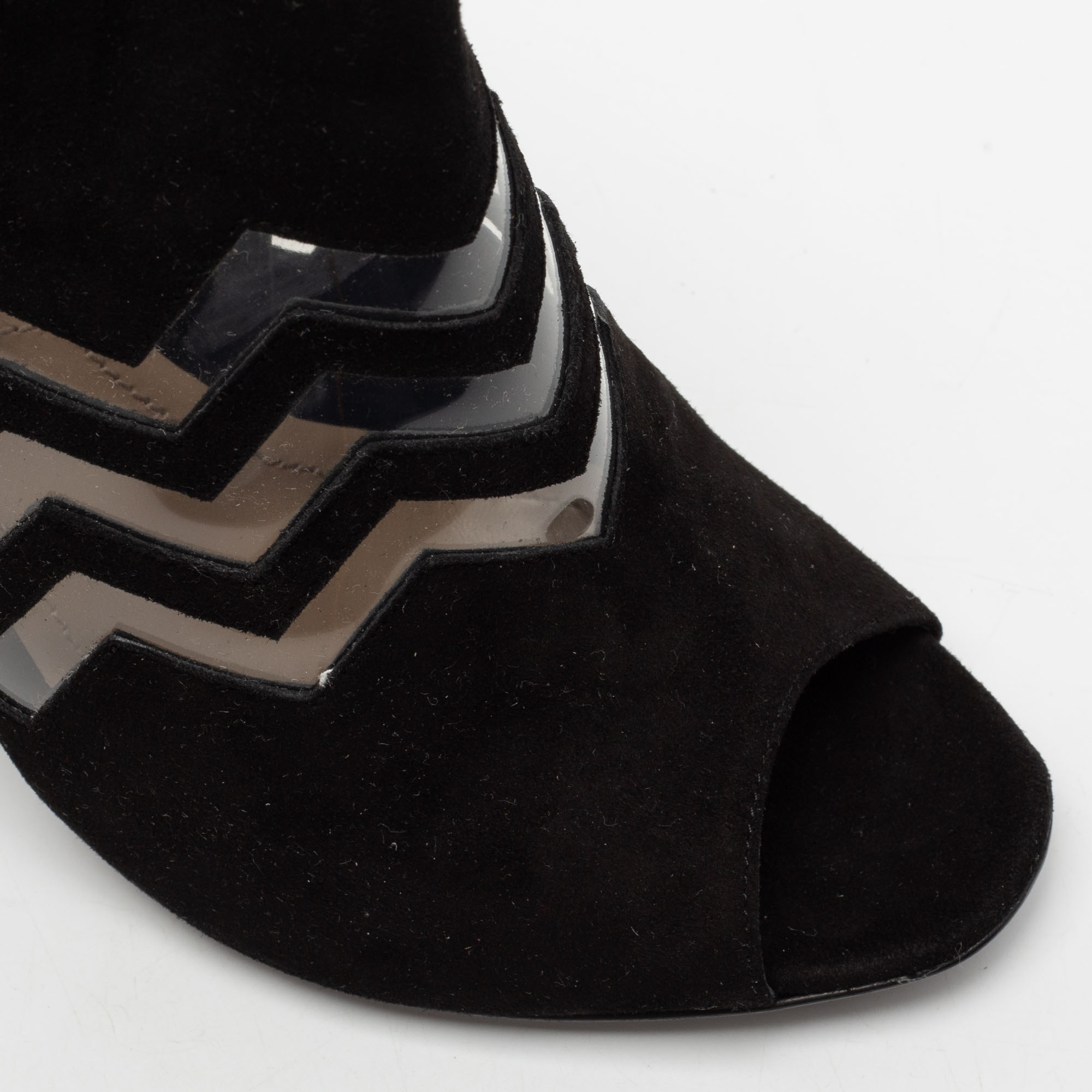 Nicholas Kirkwood Black Suede And PVC Chevron Peep Toe Ankle Booties Size 38.5