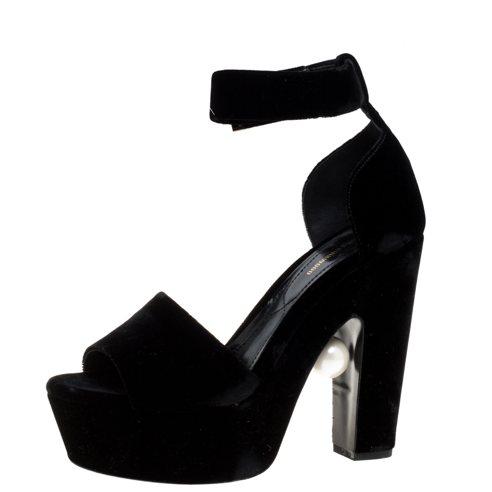 Image of Nicholas Kirkwood Black Velvet Pearl Embellished Ankle Cuff Platform Sandals Size