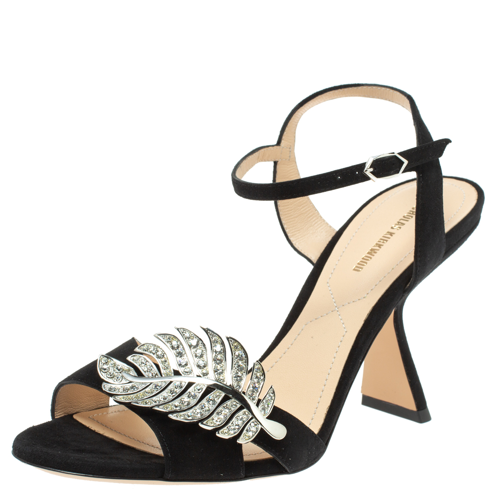 Image of Nicholas Kirkwood Black Suede Monstera Crystal Embellished Sandals Size
