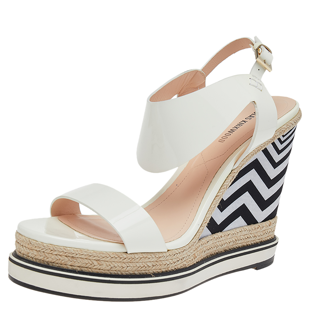 Nicholas kirkwood white patent leather wedge espadrille ankle strap sandals size 39